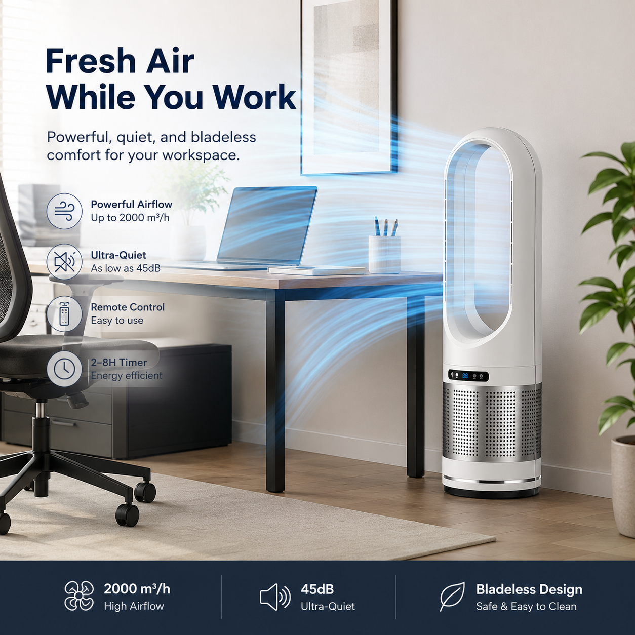 Vertical Bladeless Fan with Remote Control, Oscillation, and Timer