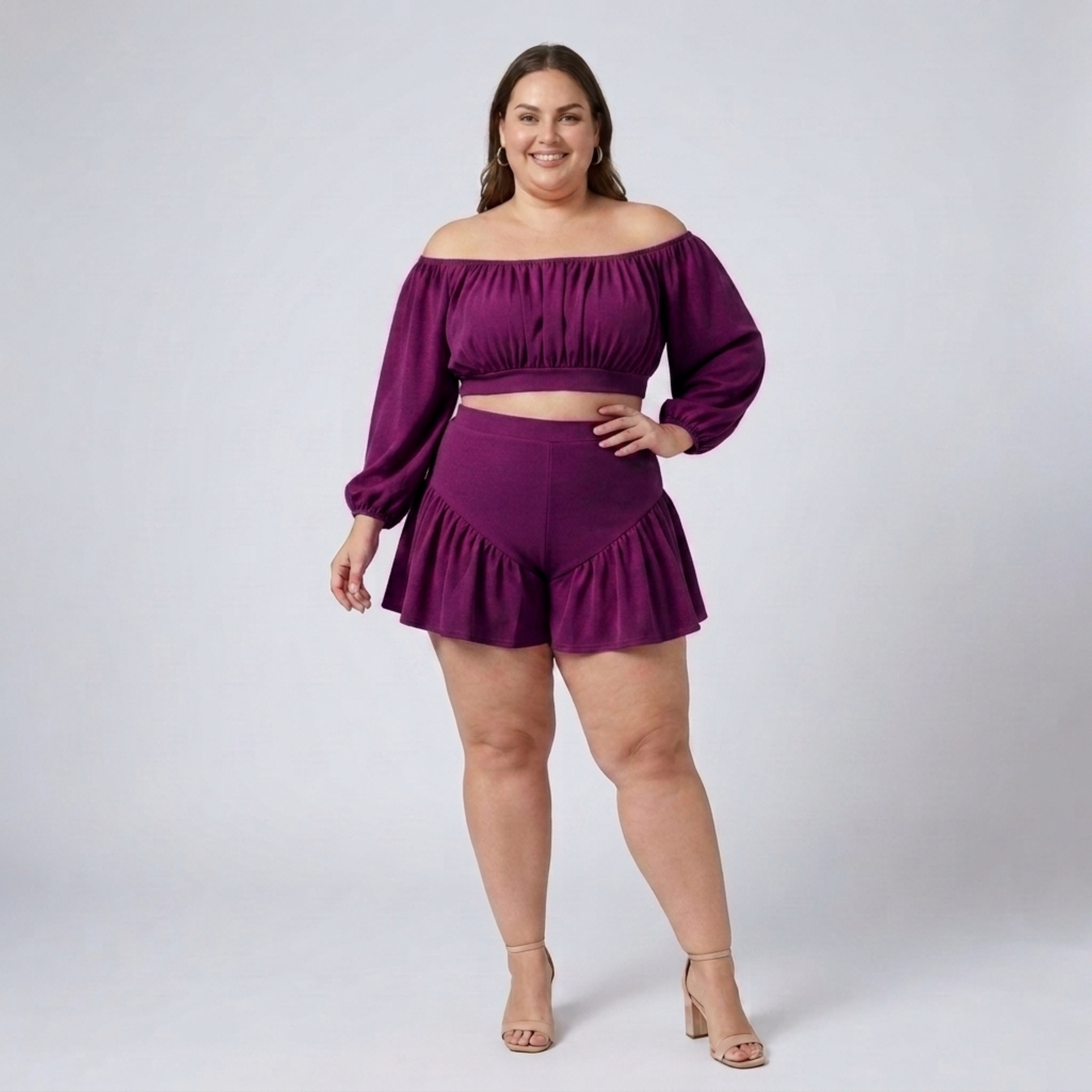 Ensemble grande taille haut épaules dénudées et short à volants