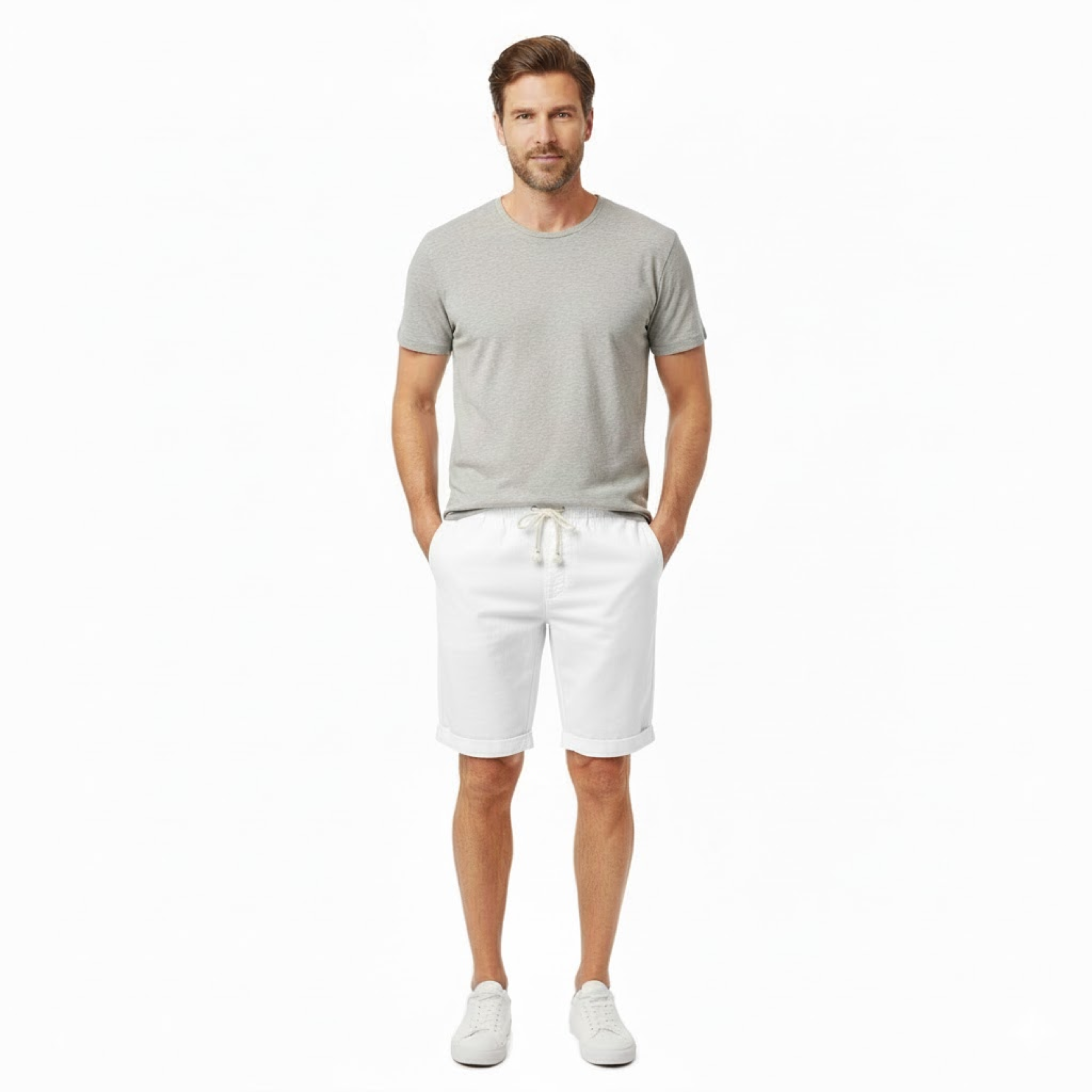 Short pour Hommes en 100 % Lin avec Taille Élastique à Cordon et Coupe Droite