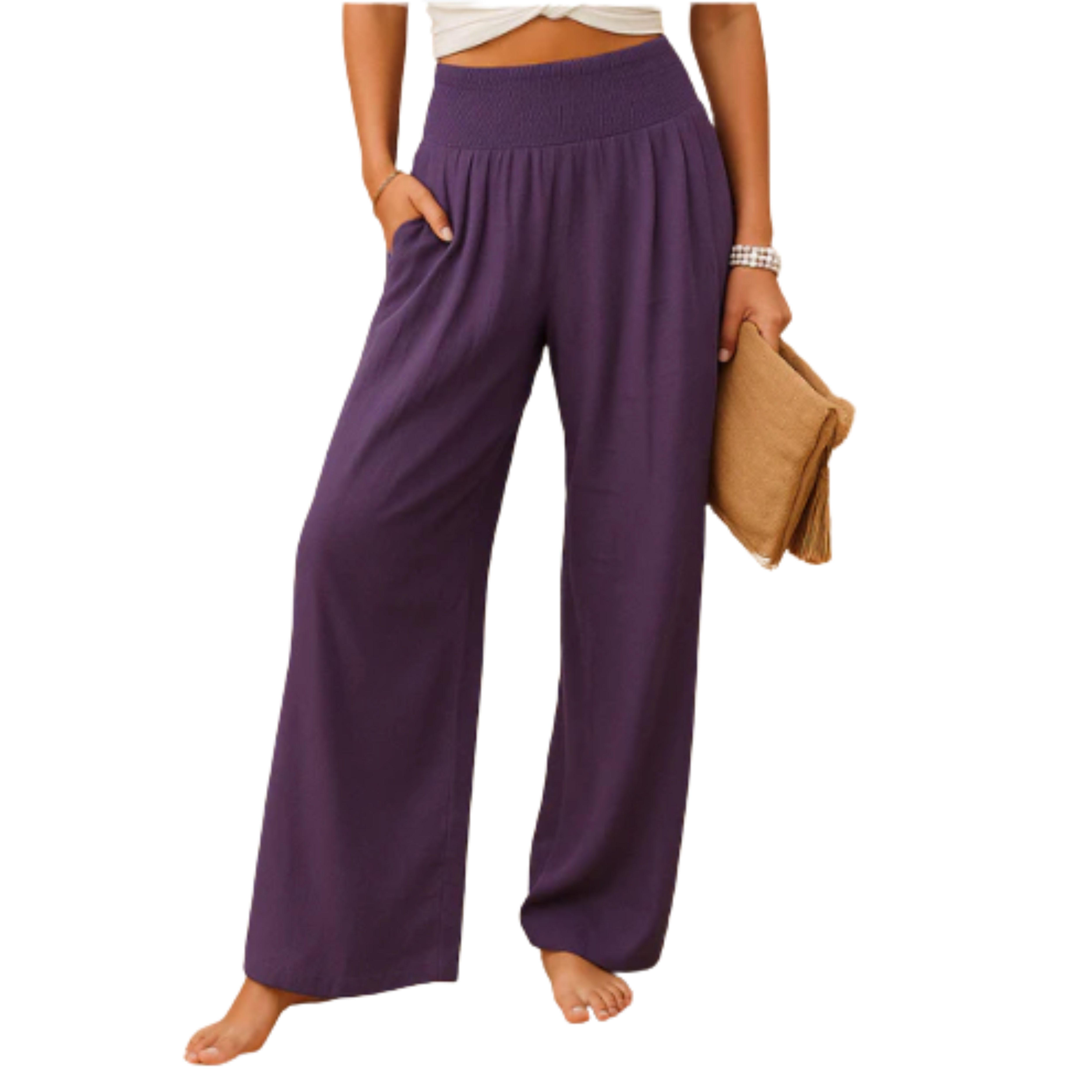 Pantalon femme mélange lin et coton — taille élastique coupe droite | quotidien