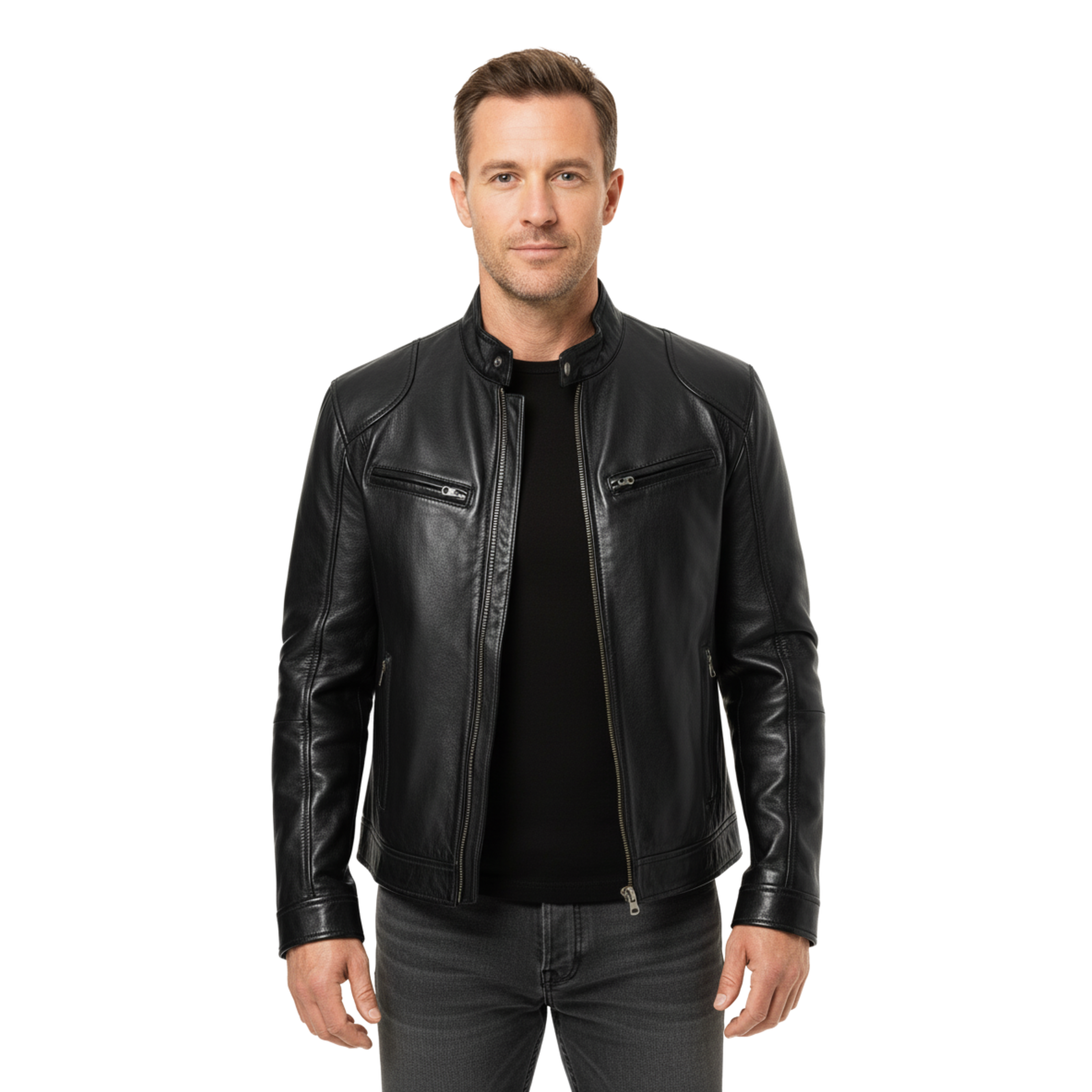 Veste en Cuir pour Homme avec Col Officier et Poches Zippées Coupe Ajustée