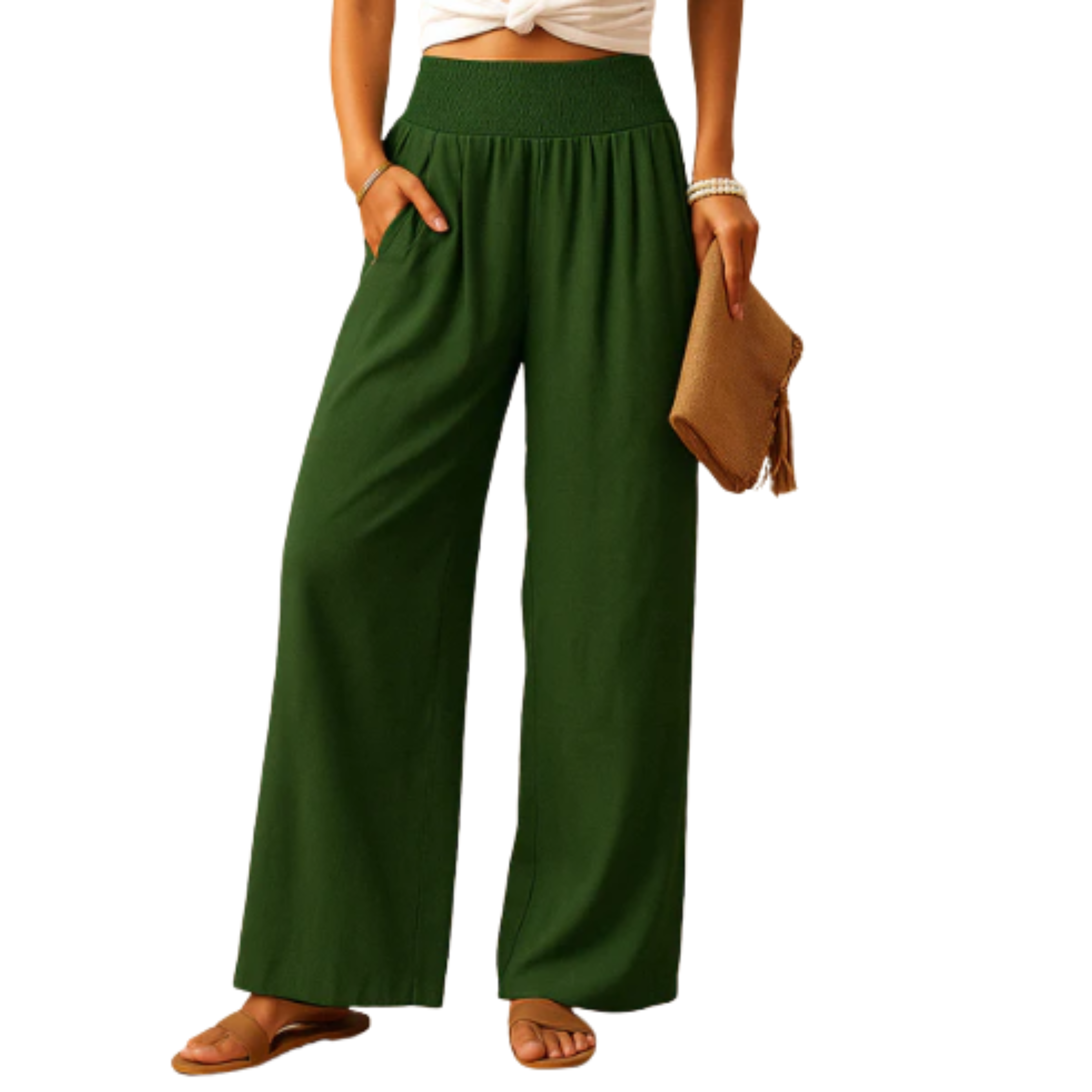 Pantalon femme mélange lin et coton — taille élastique coupe droite | quotidien