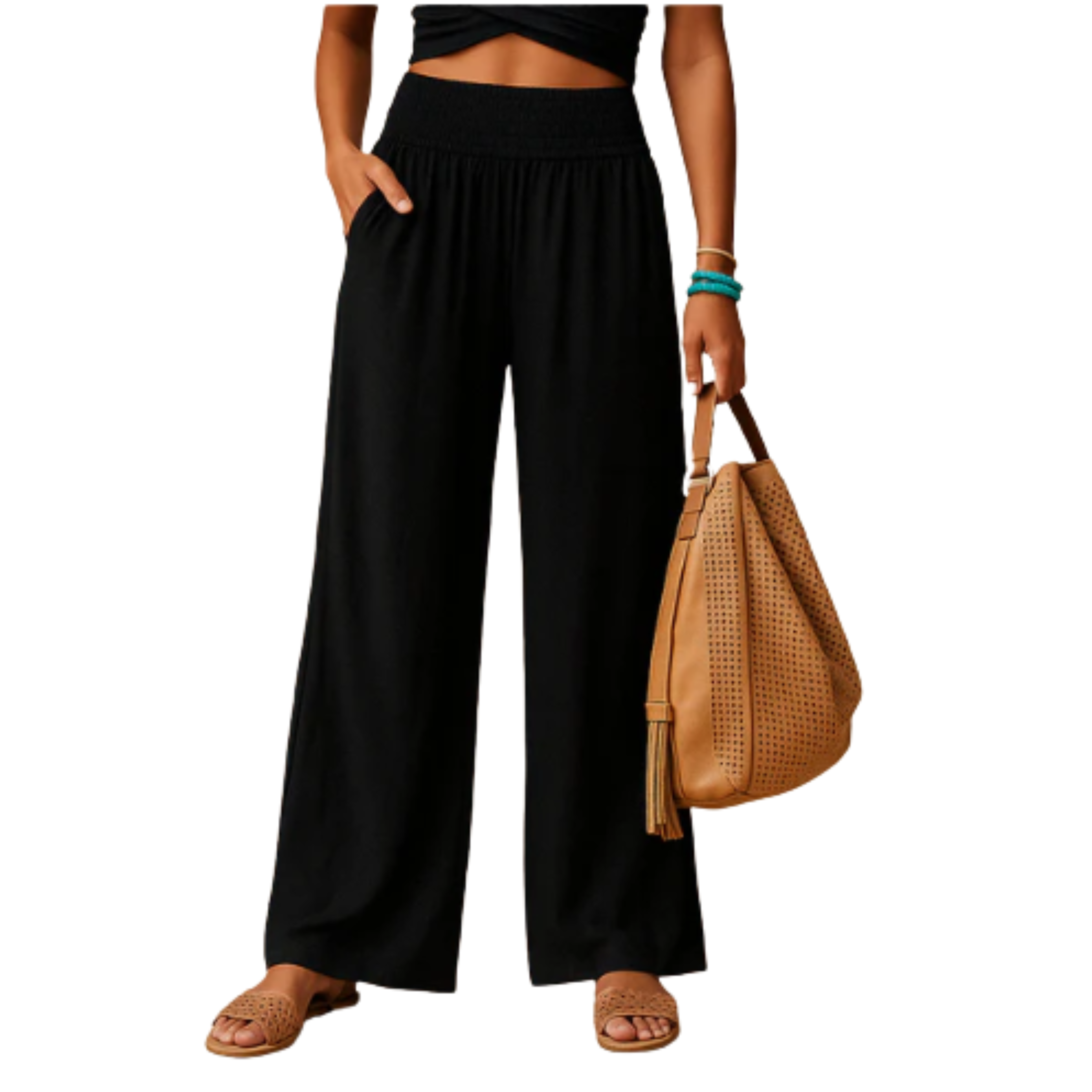 Pantalon femme mélange lin et coton — taille élastique coupe droite | quotidien