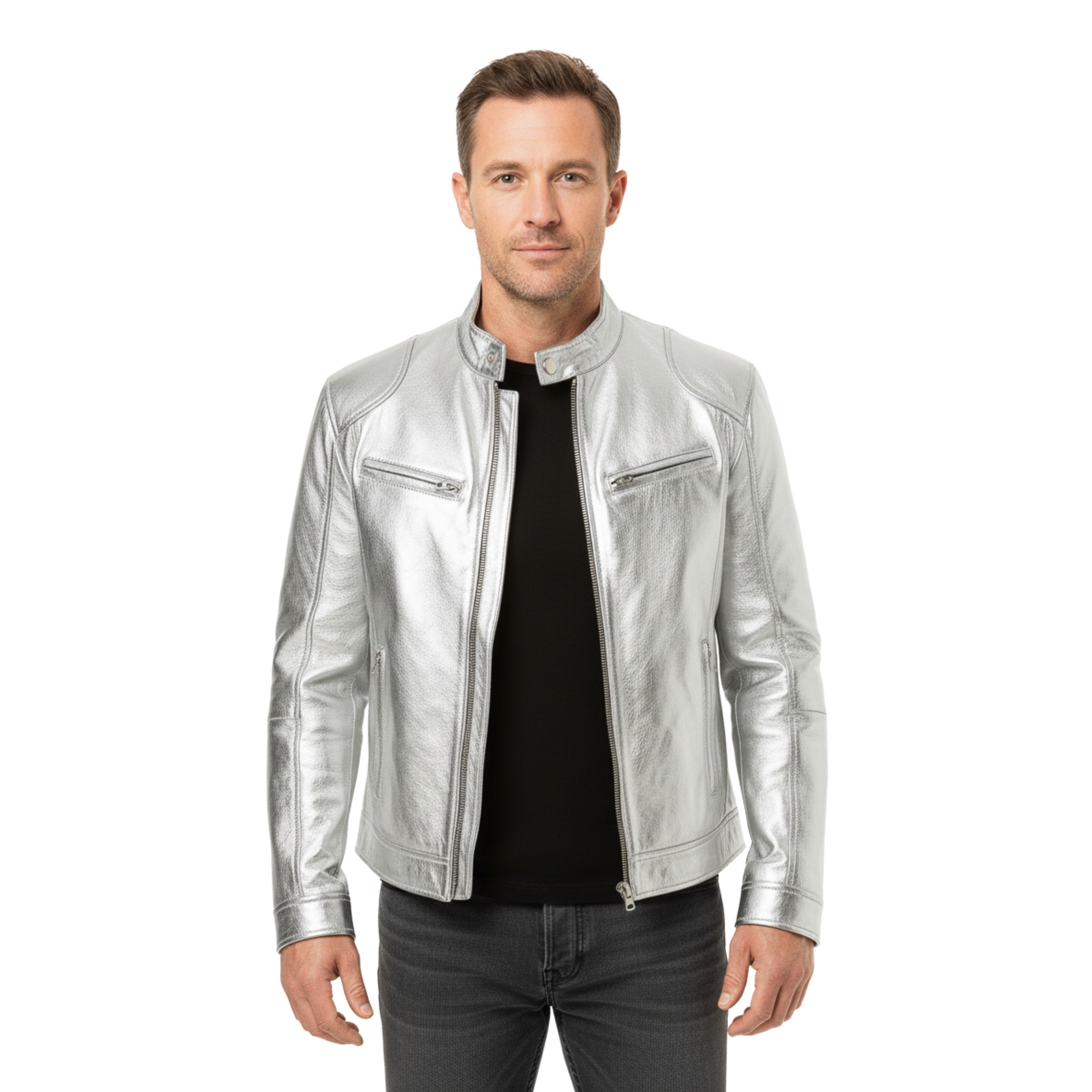Veste en Cuir pour Homme avec Col Officier et Poches Zippées Coupe Ajustée
