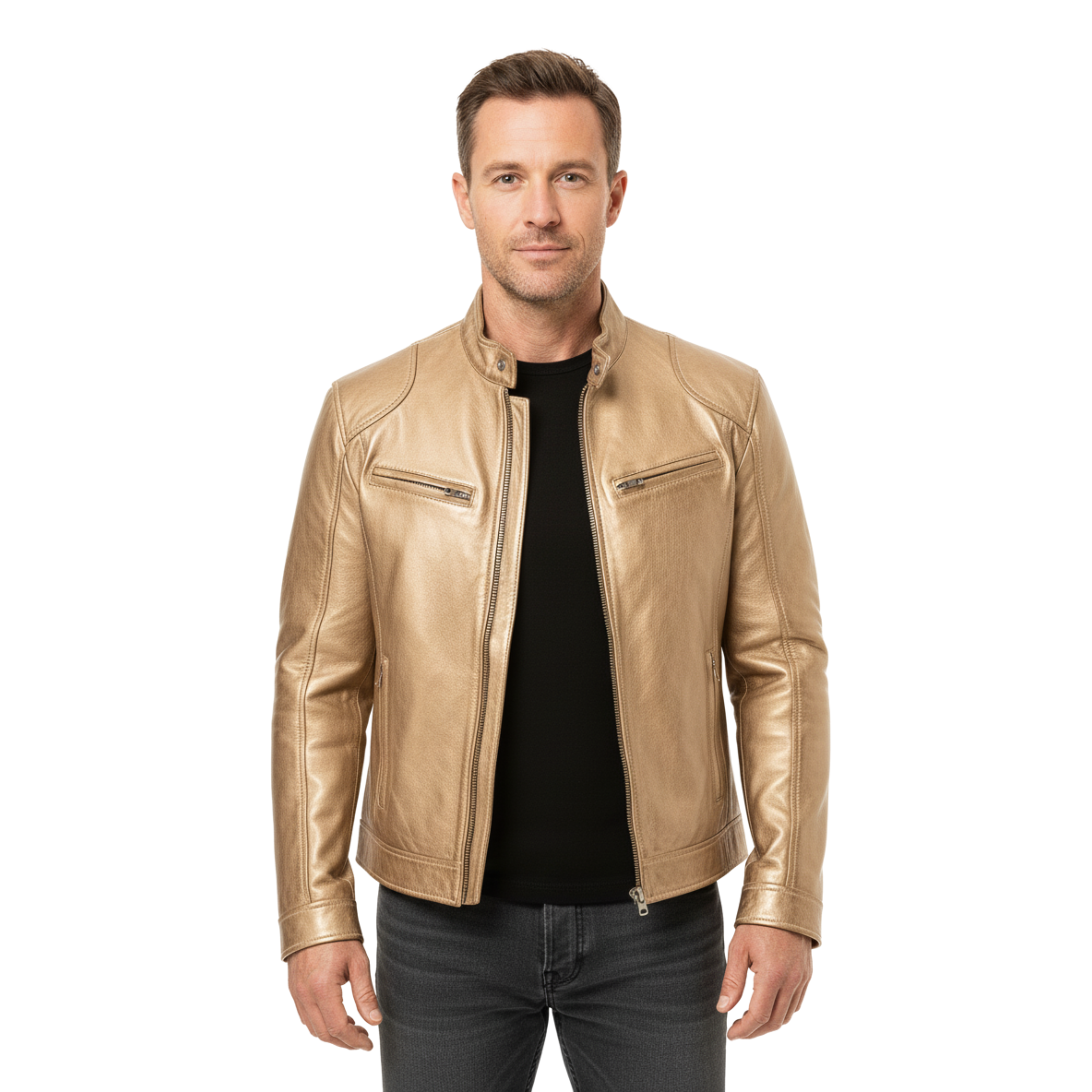 Veste en Cuir pour Homme avec Col Officier et Poches Zippées Coupe Ajustée
