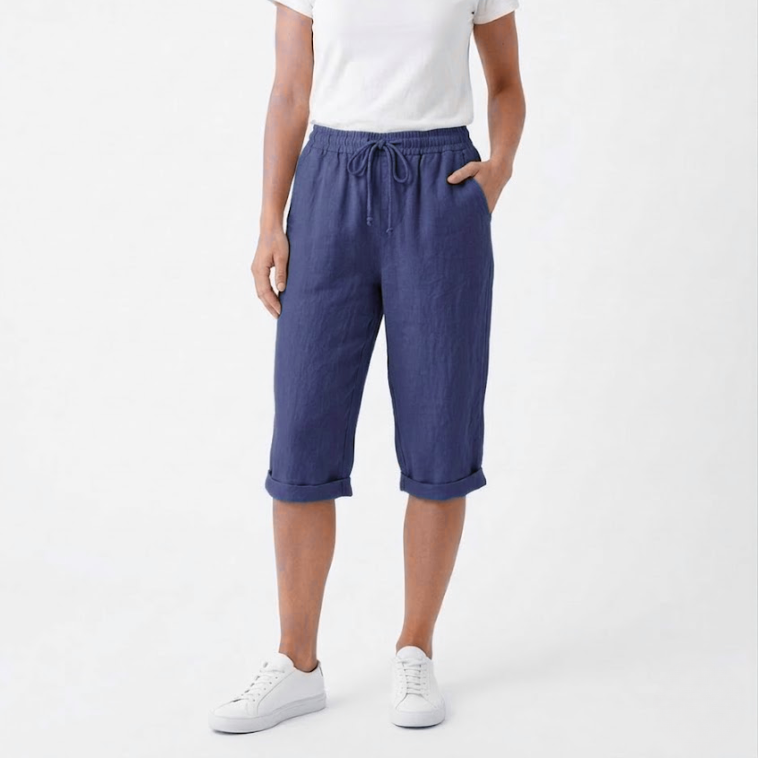 Short en Coton et Lin avec Taille Élastique et Poches pour Femmes
