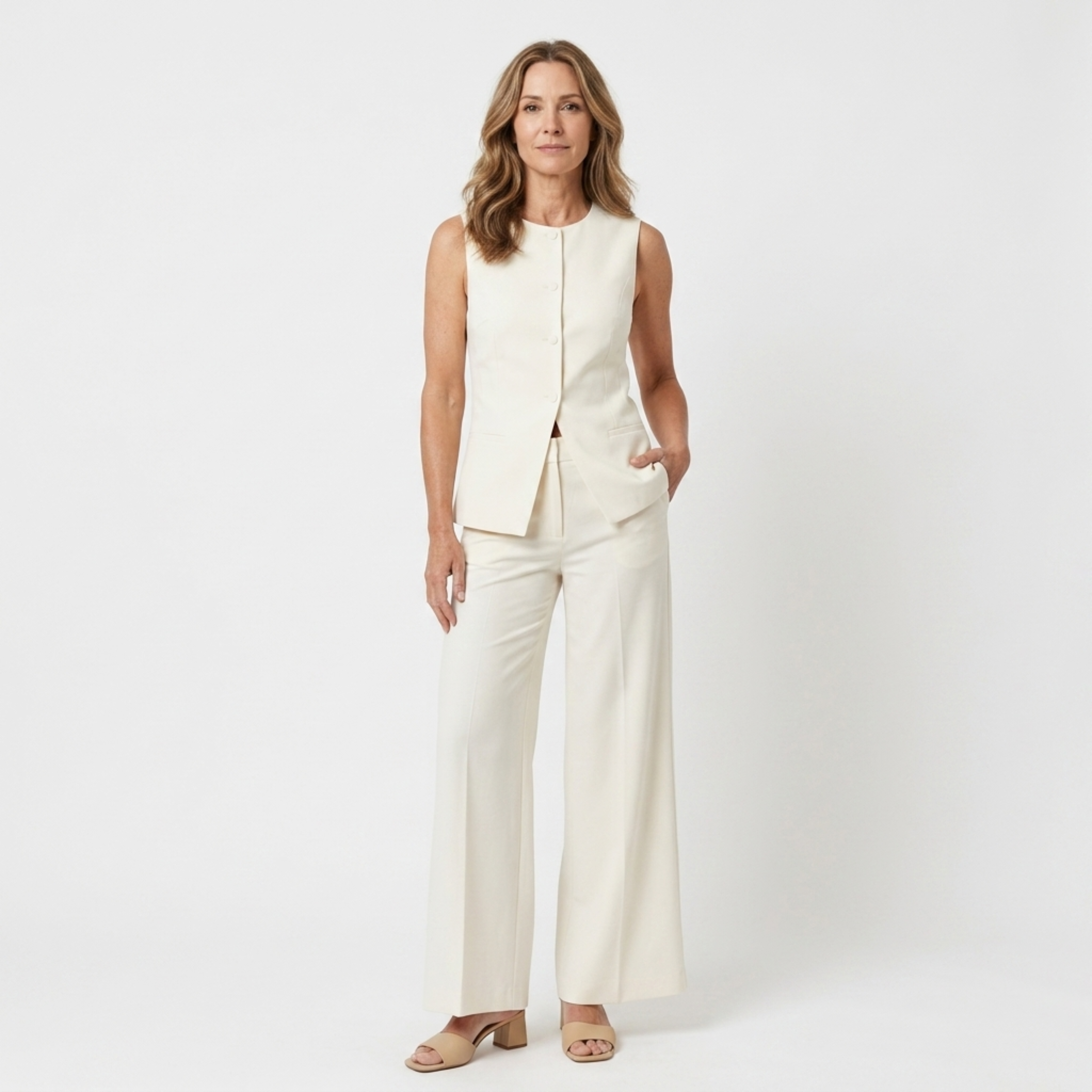 Ensemble femme pantalon large — haut sans manches structuré — mi-saison