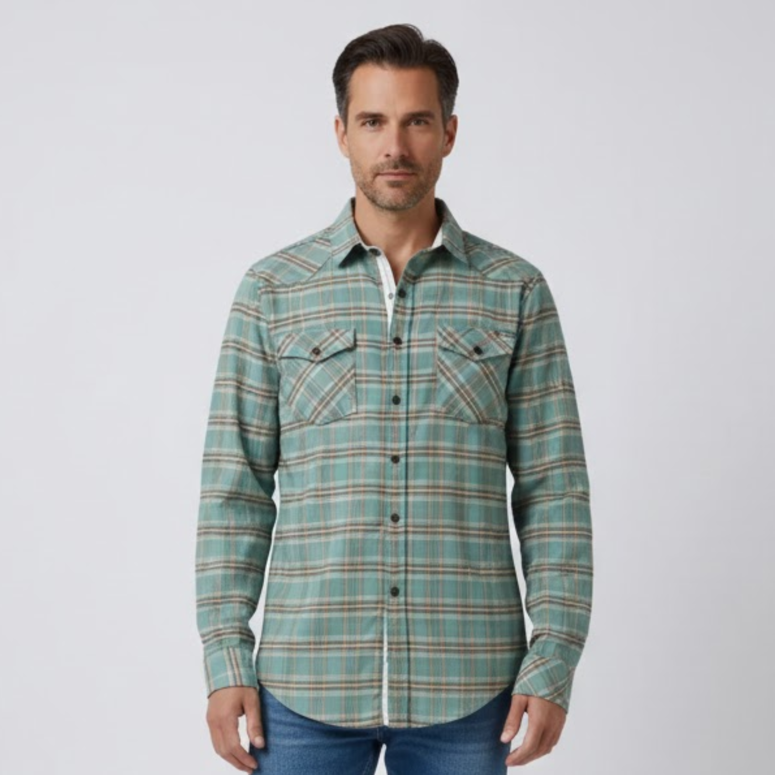 Chemise en flanelle de coton à carreaux pour homme coupe classique à manches longues