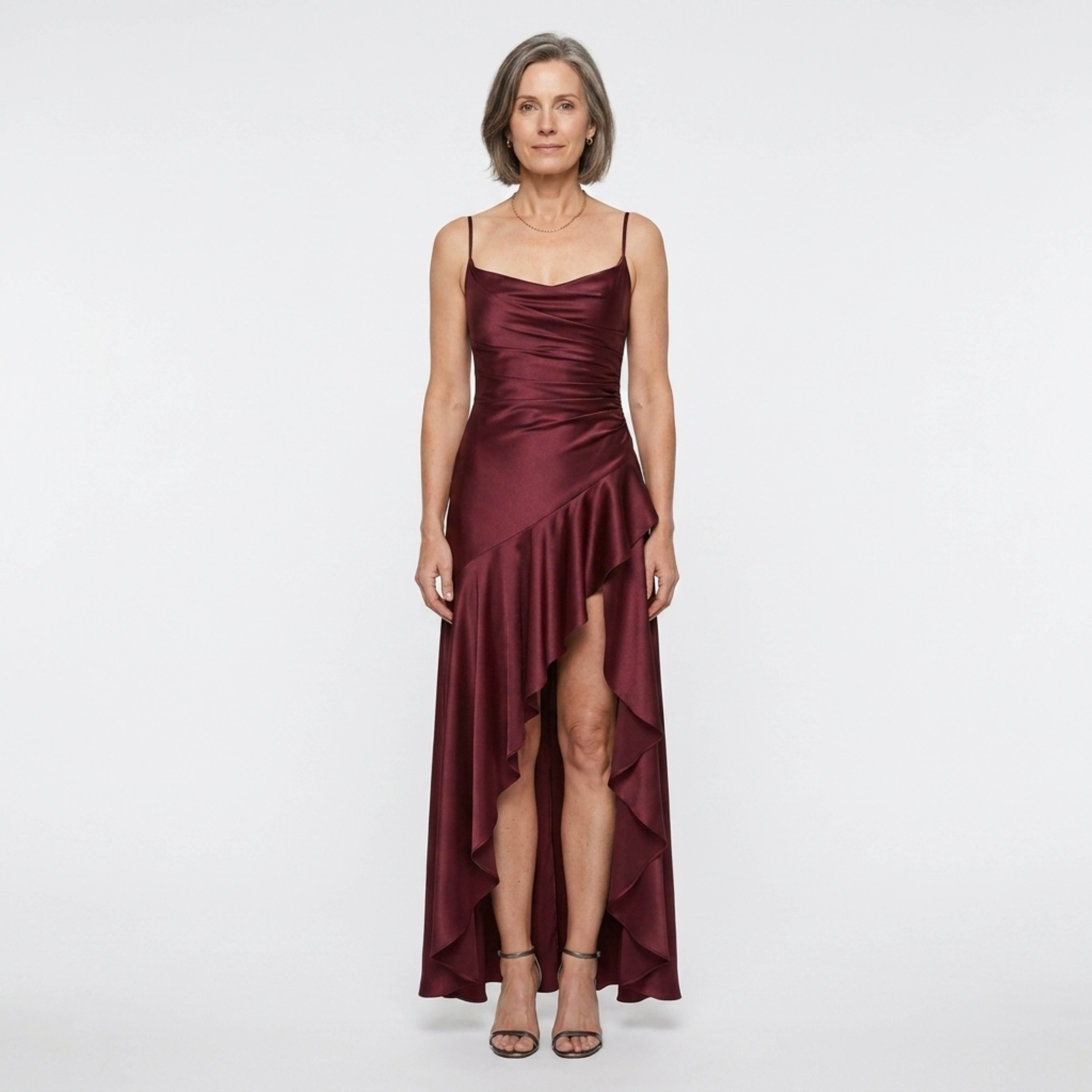 Robe longue femme — satin à ourlet asymétrique et volants | soirée chic