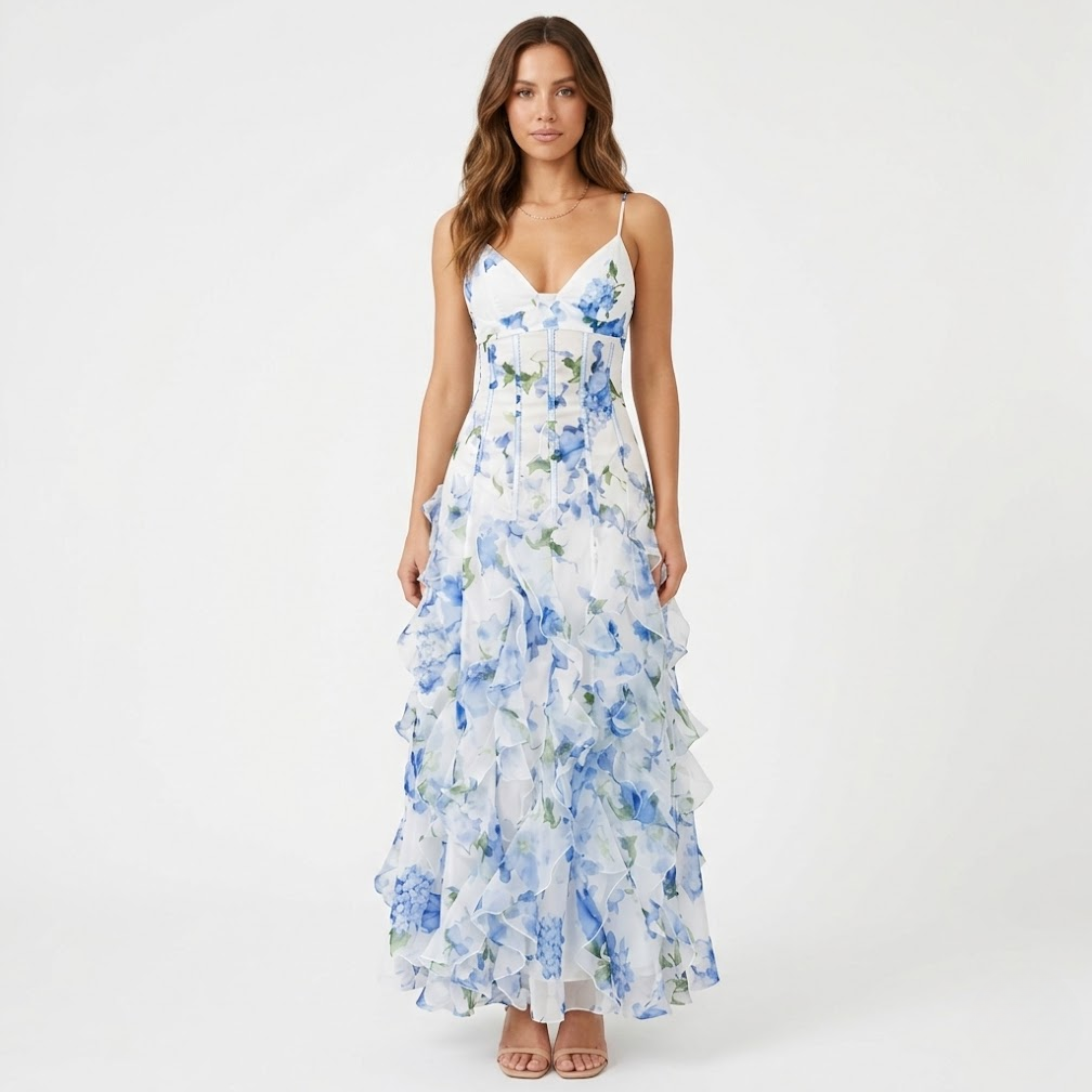 Robe Longue Fleurie à Volants avec Bustier Corset et Fines Bretelles