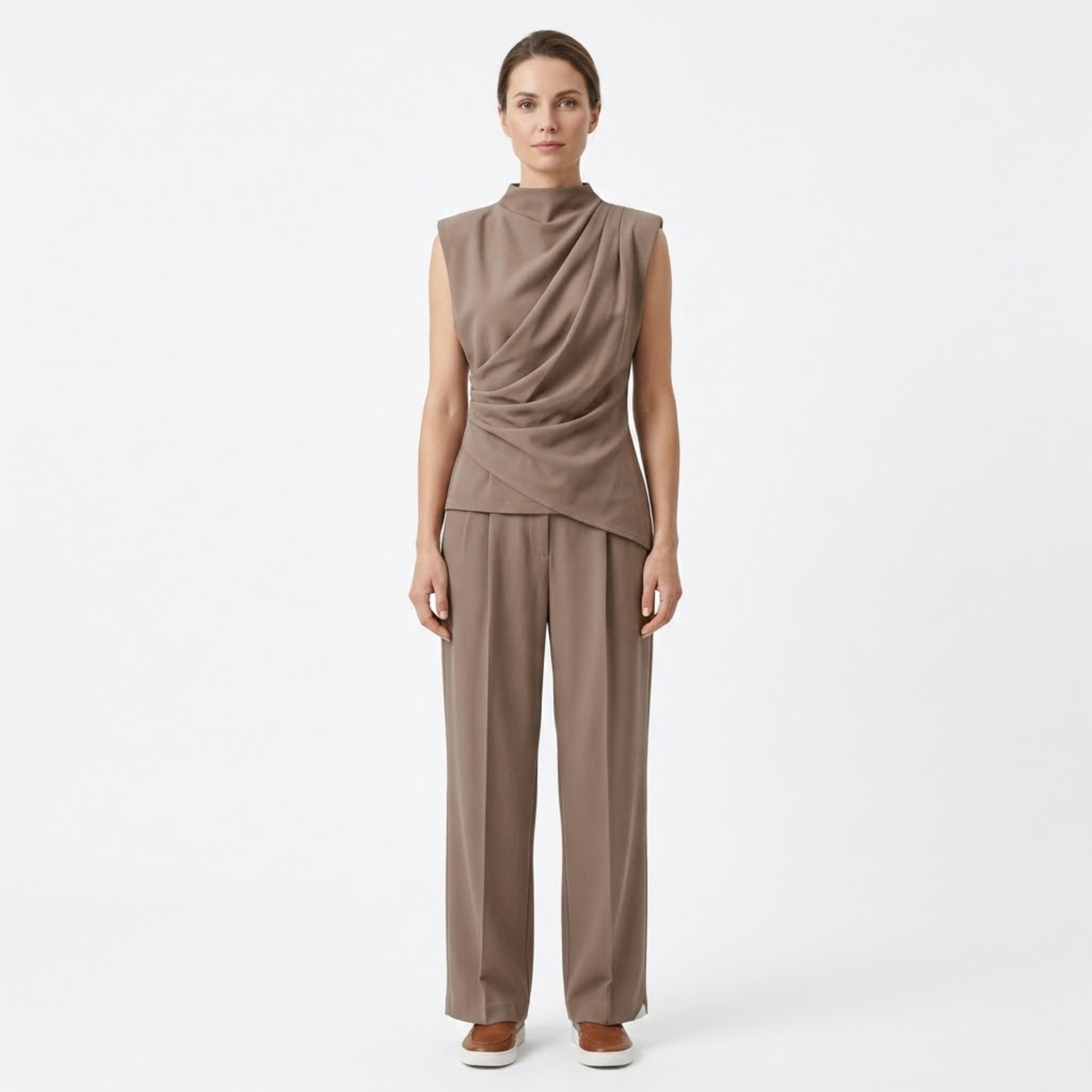 Ensemble Deux Pièces Femme avec Top Sans Manches Drapé et Pantalon Large Fluide