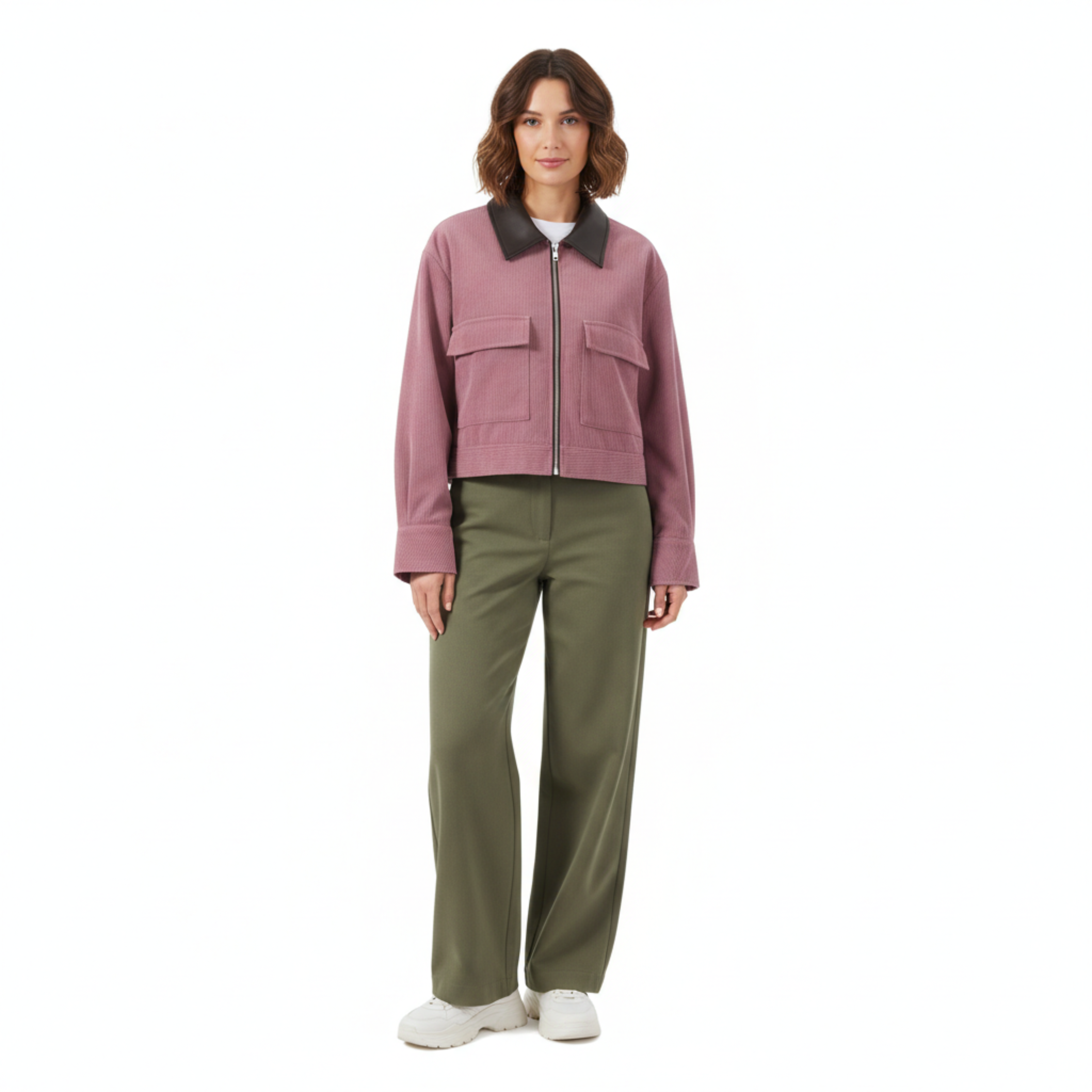 Veste Courte en Velours Côtelé à Col Contrasté et Fermeture Éclair pour Femme