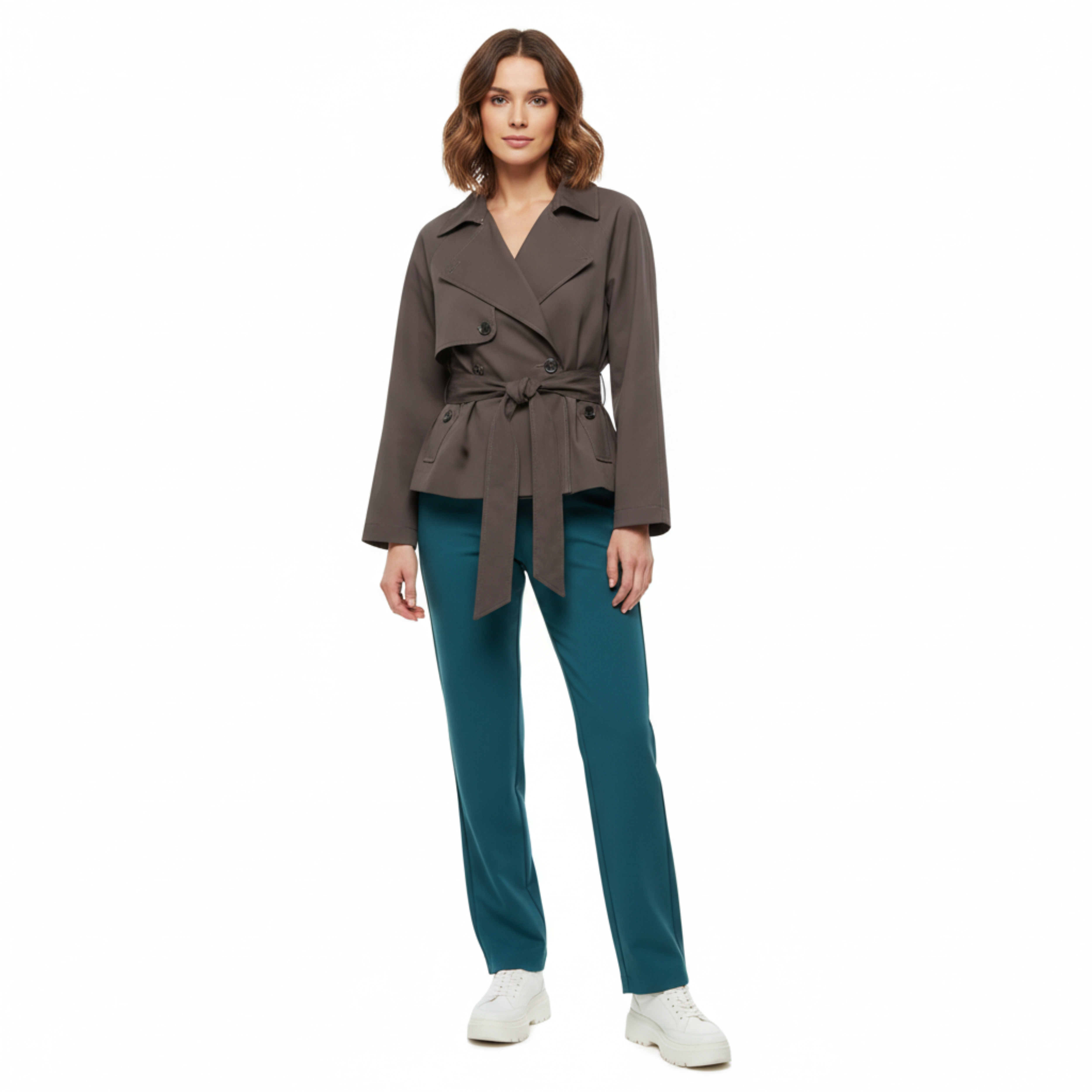 Veste Trench Courte en Polyester avec Ceinture et Col à Revers pour Femme