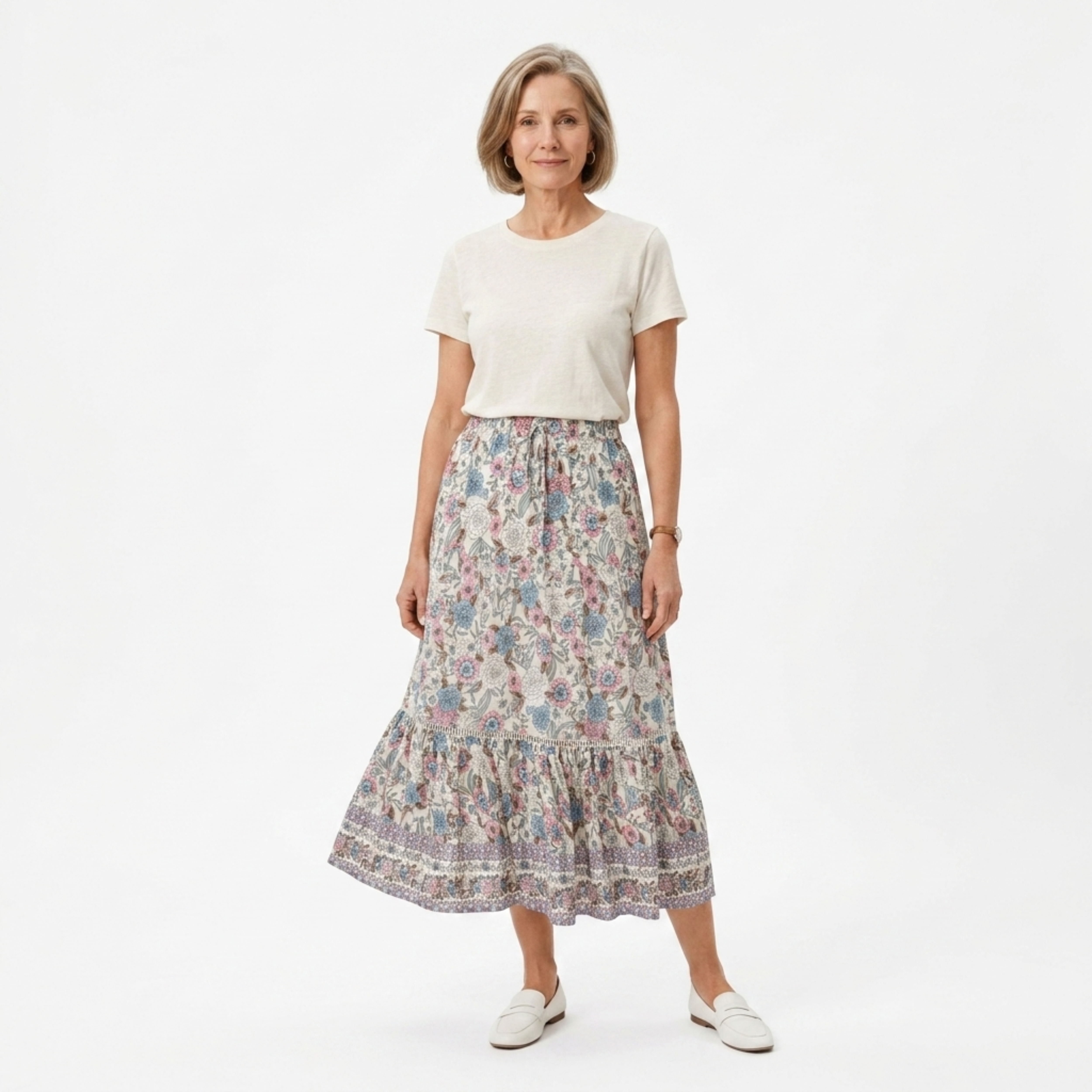 Jupe maxi longue à fleurs — taille haute avec laçage — vacances d'été