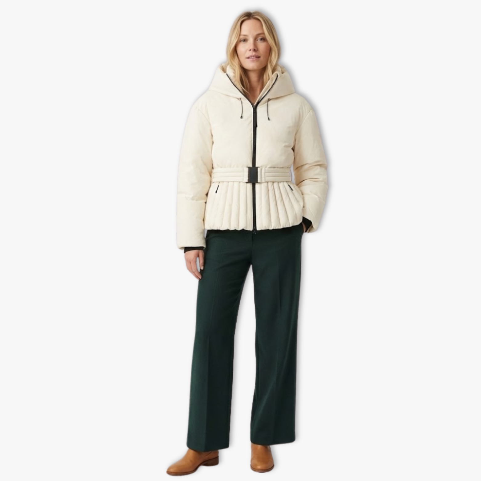 Veste de Ski Femme Peplum à Capuche avec Col Montant et Ceinture à la Taille