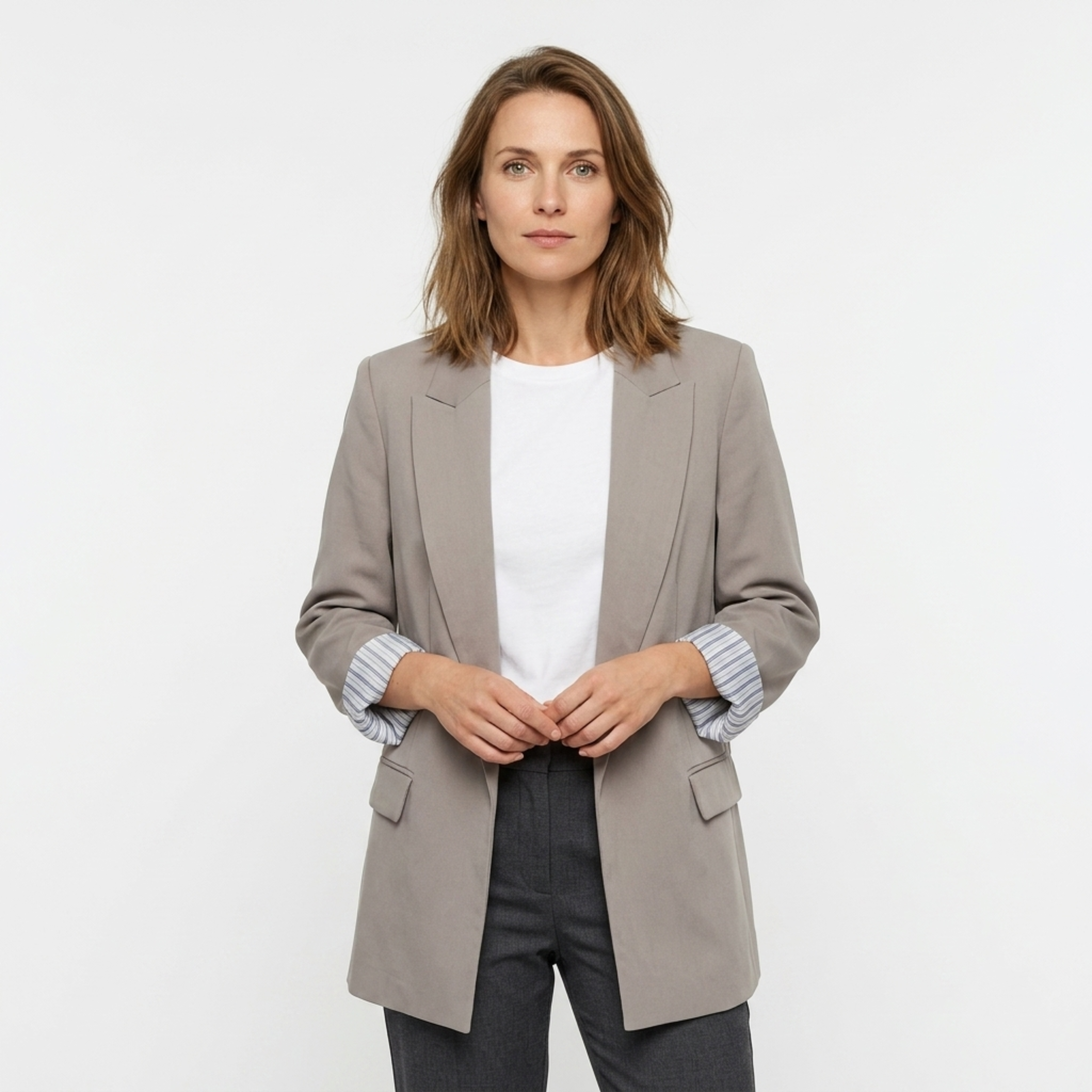 Women’s Polyester Blazer – Open Front with Pockets, Relaxed Loose Fit