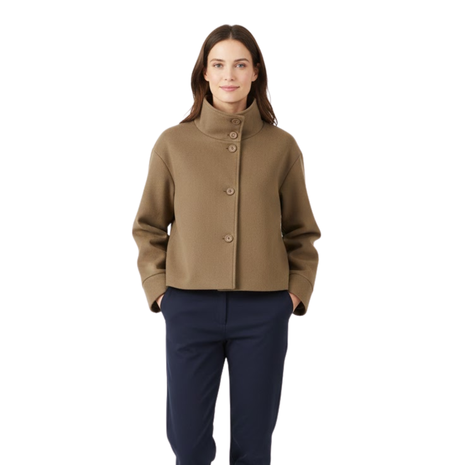 Manteau d’hiver pour femmes en laine à col montant, à simple boutonnage, coupe ample et manches longues