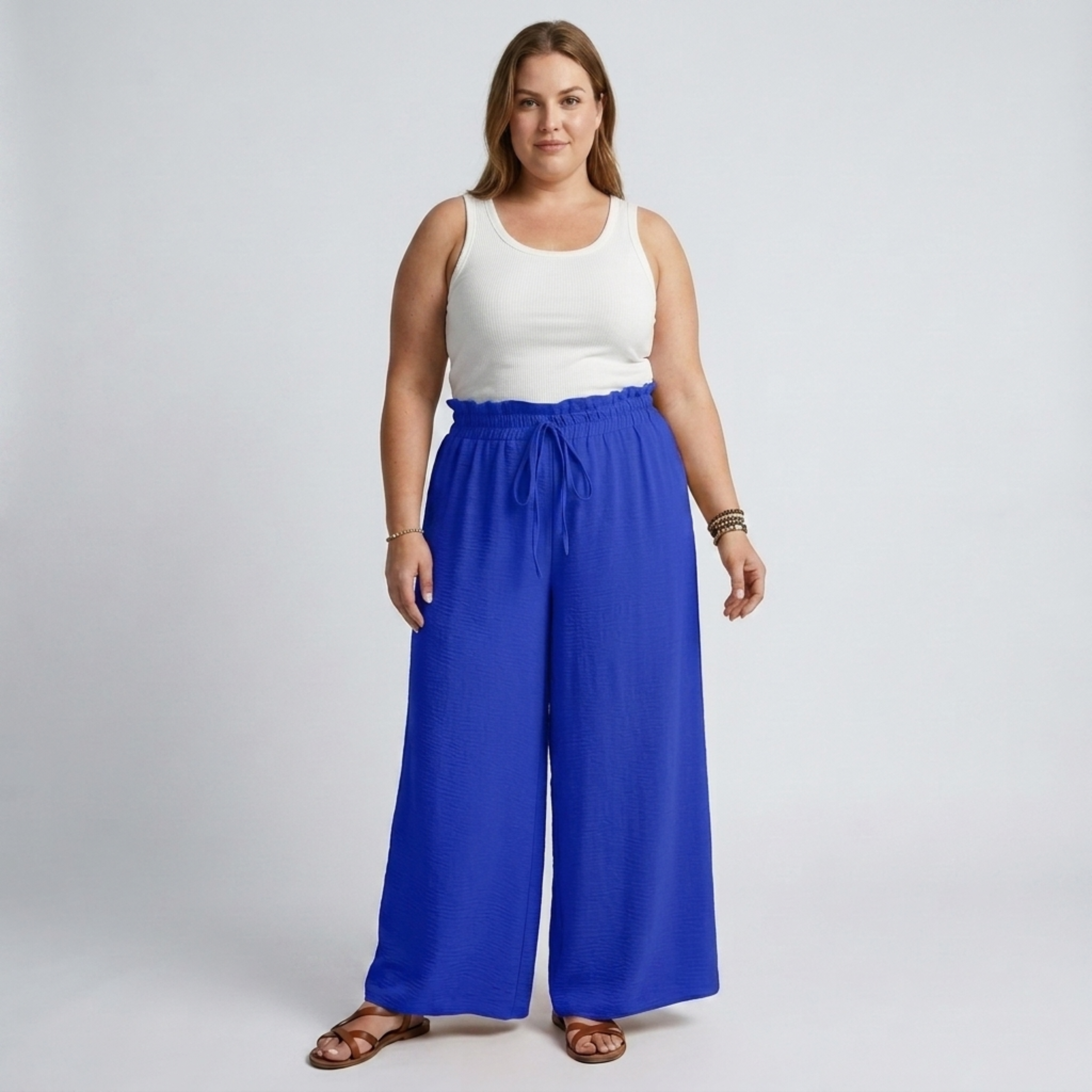 Pantalon large grande taille pour femme à taille élastique et cordon