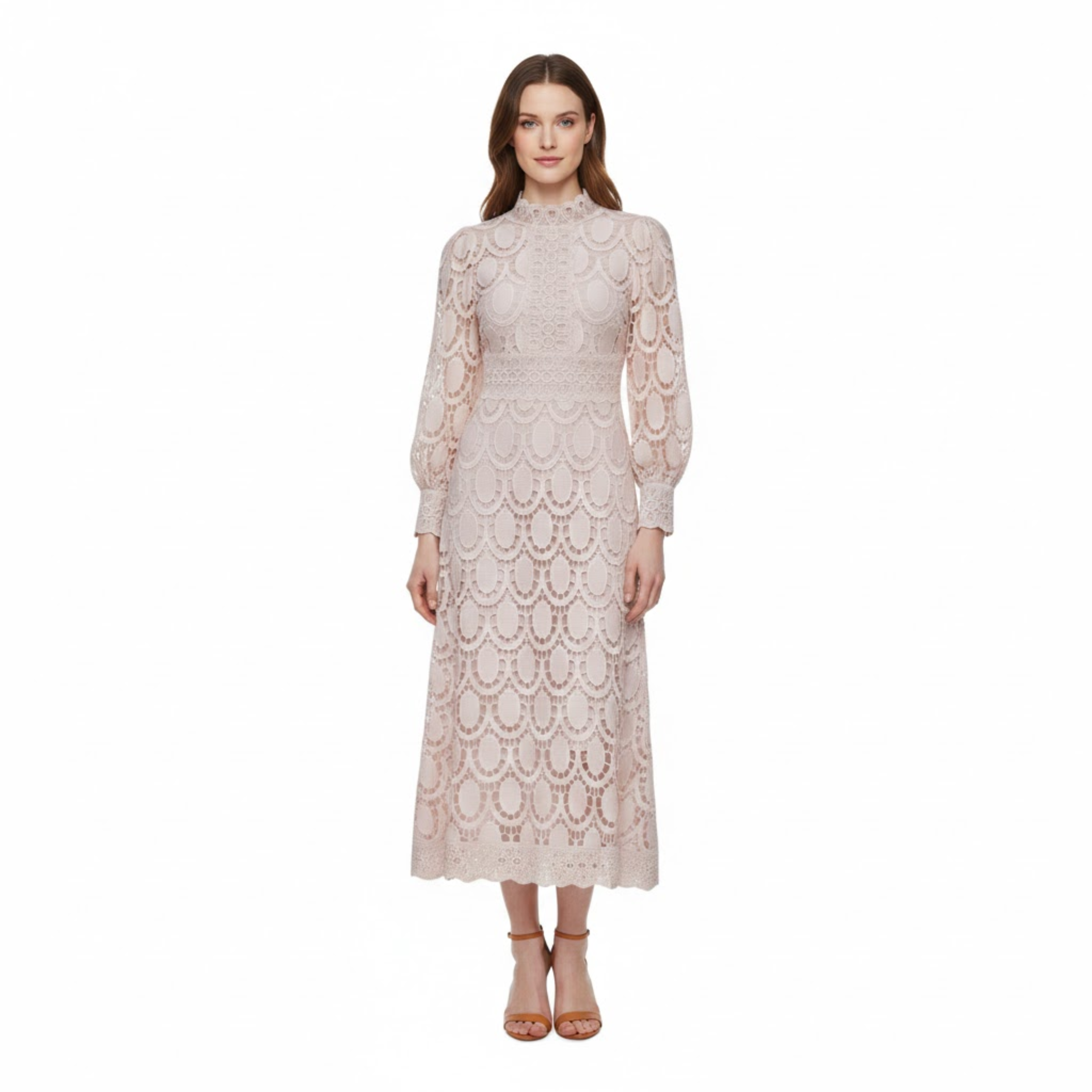 Robe Longue en Dentelle Ajourée avec Manches Bouffantes et Col Montant