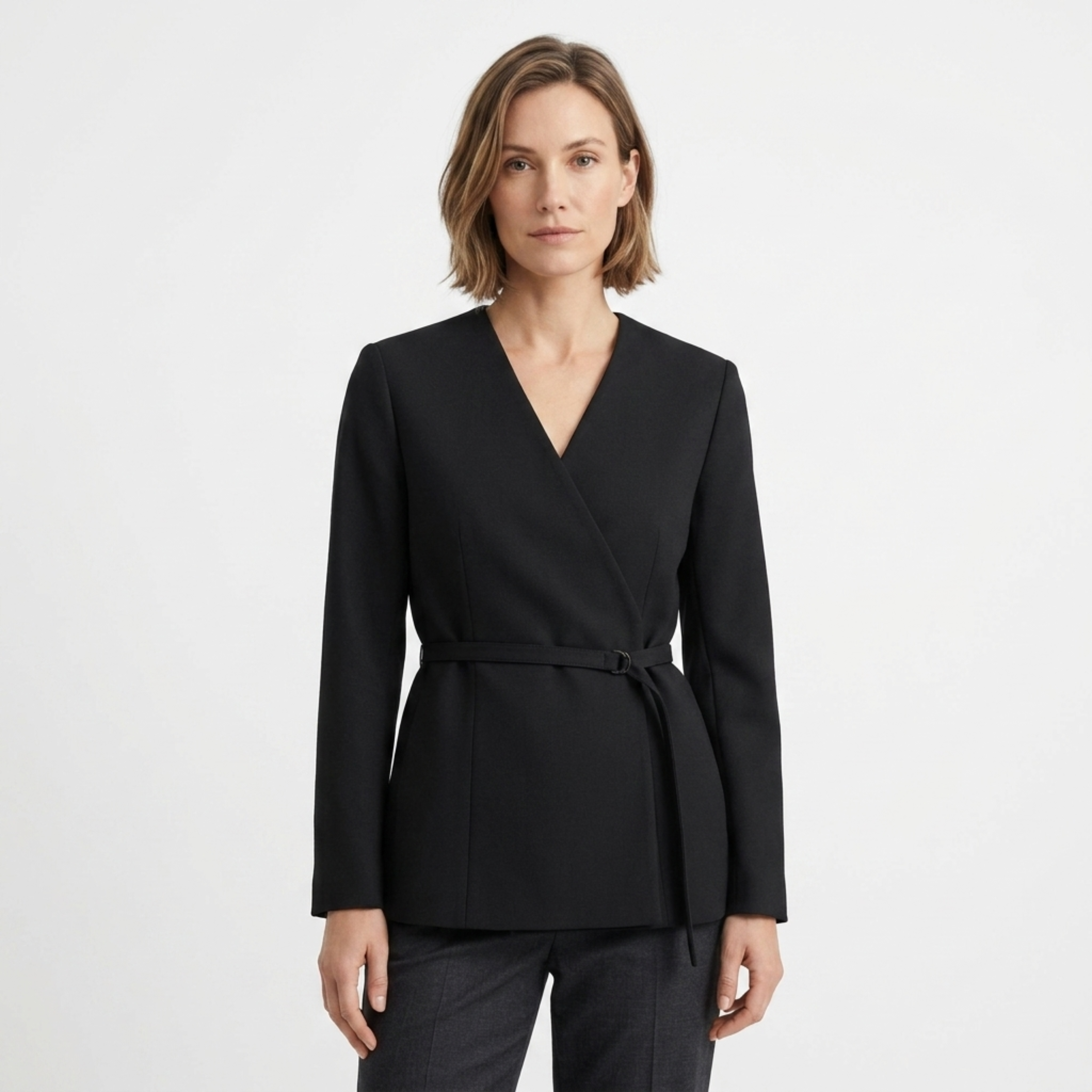 Polyester Blazer for Women – V-Neck and Belt, Elegant Fitted Cut