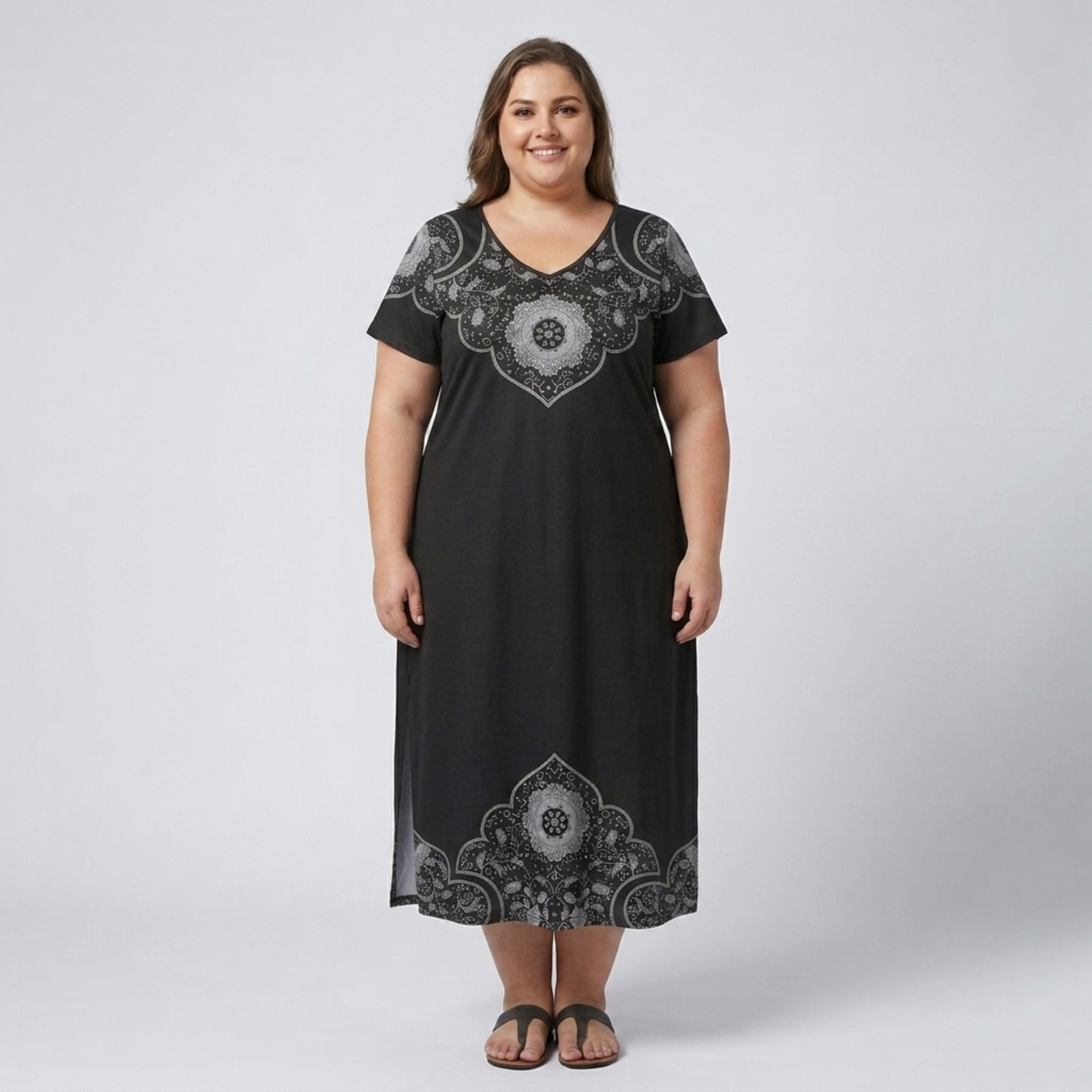 Robe longue grande taille pour femme imprimée à col en V