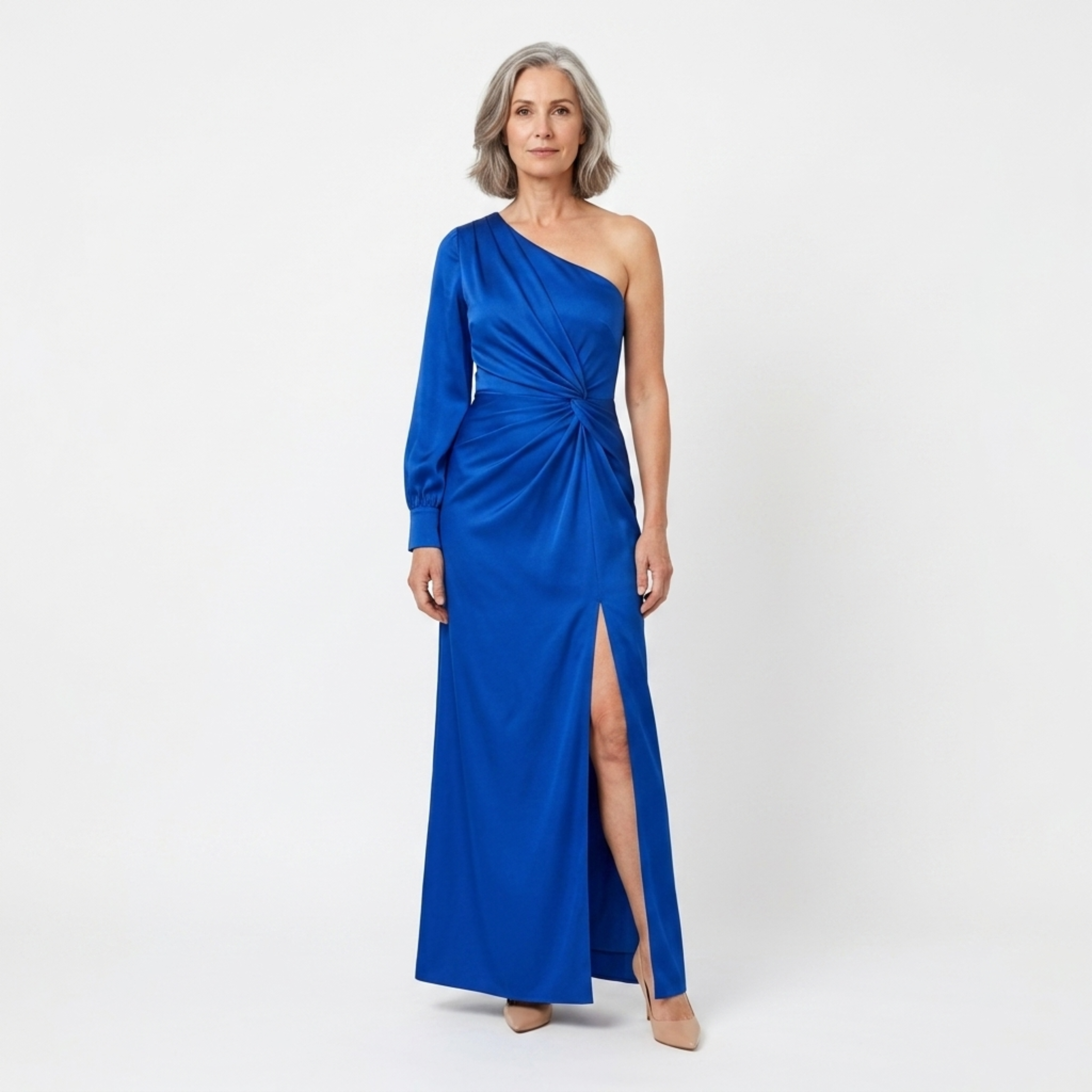 Robe longue femme — satin asymétrique à épaule dénudée | soirée de mariage