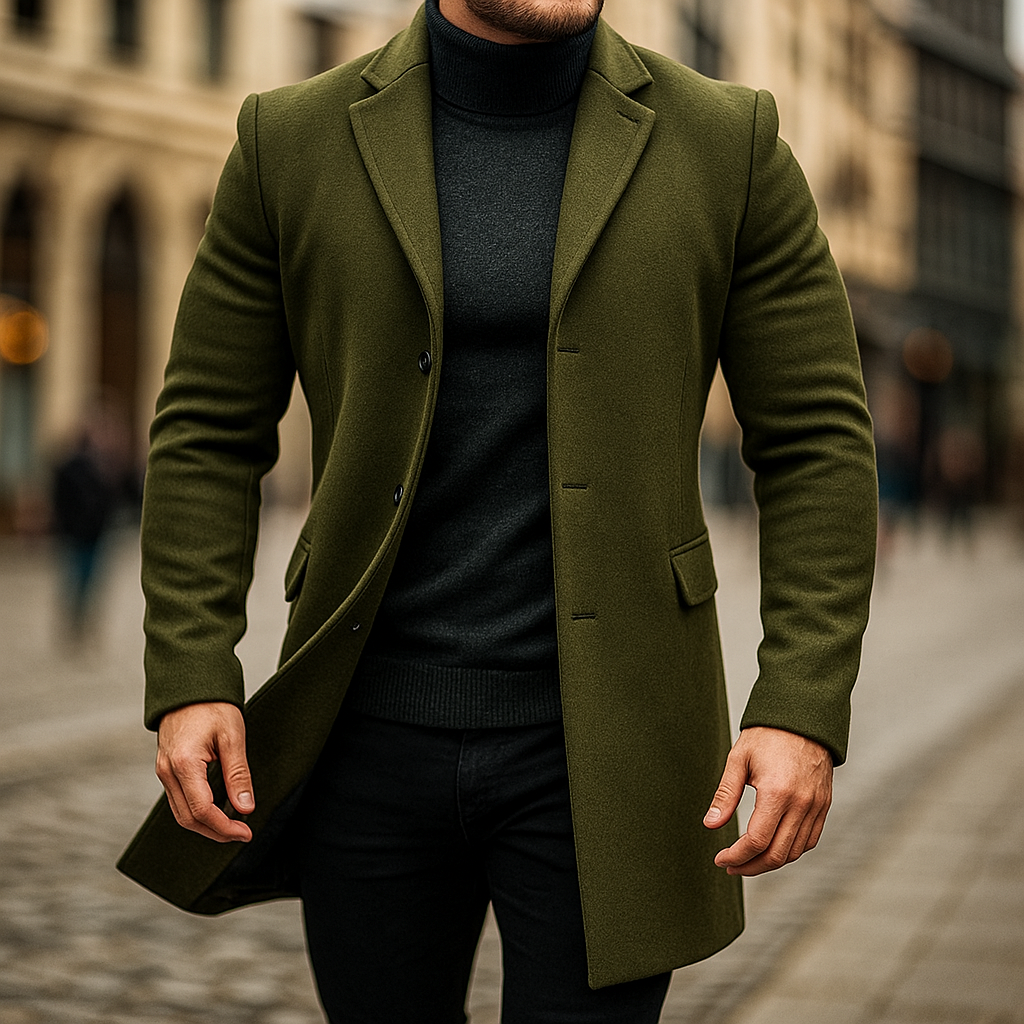 Herre uld trenchcoat – skulptureret pasform, flydende fald, tidløs elegance