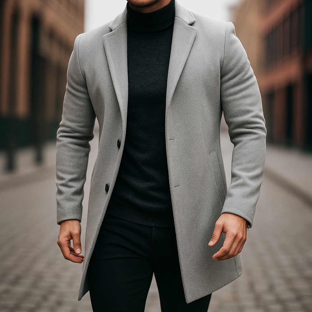 Herre uld trenchcoat – skulptureret pasform, flydende fald, tidløs elegance