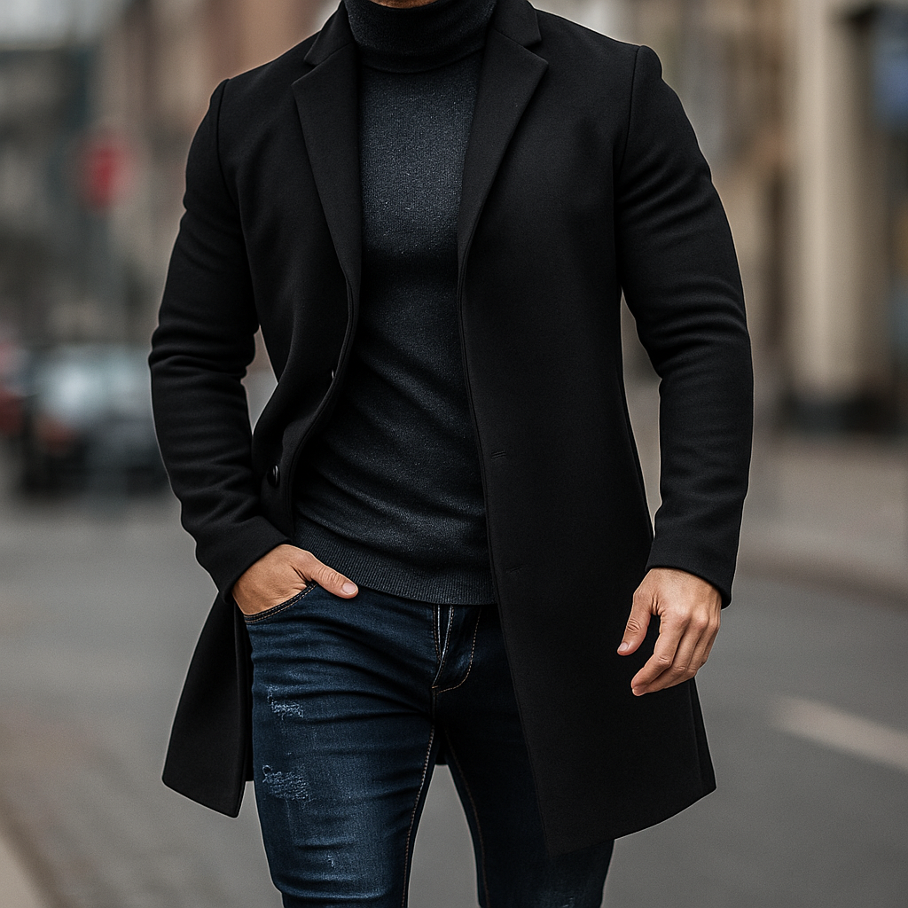 Herre uld trenchcoat – skulptureret pasform, flydende fald, tidløs elegance