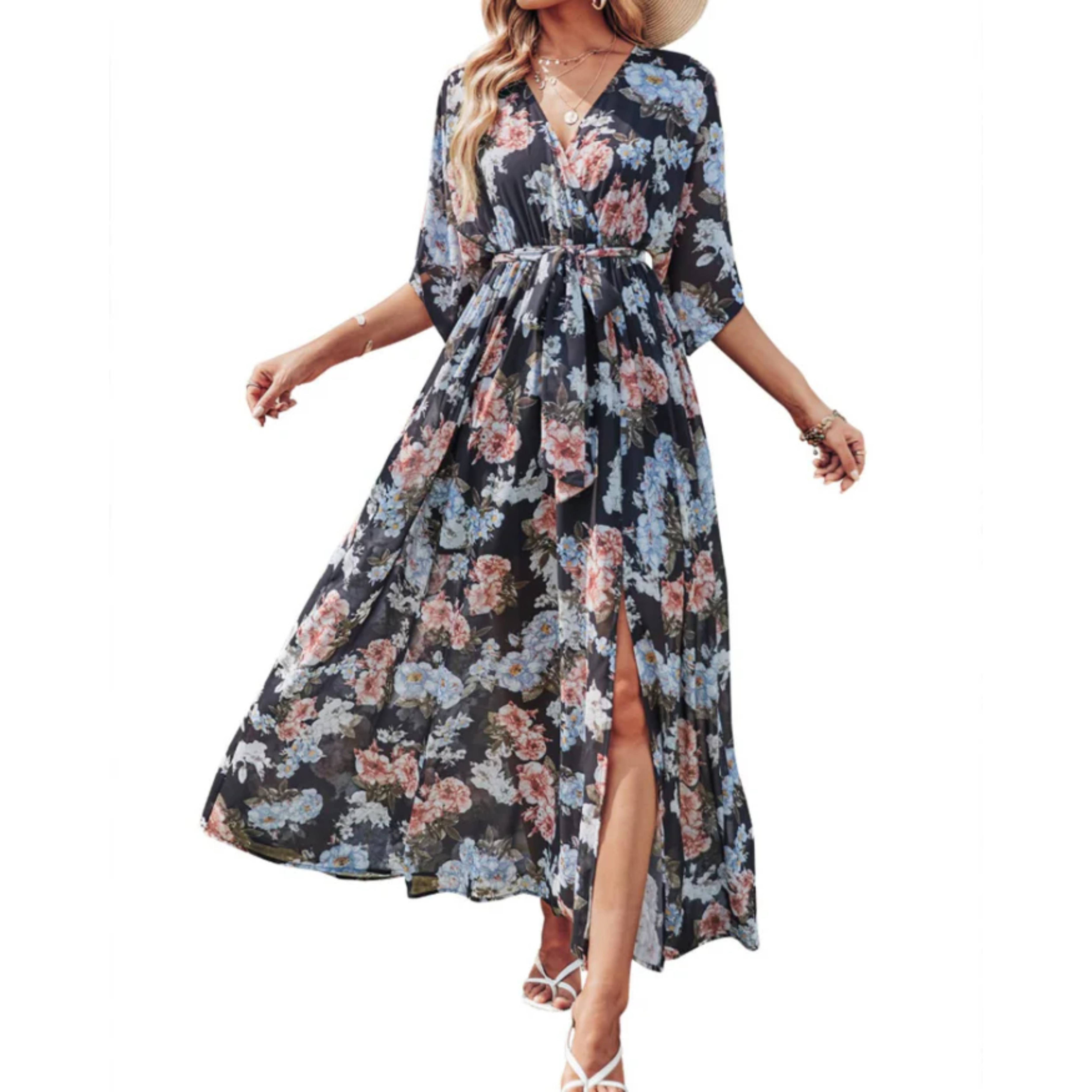 Robe maxi kimono à fleurs — style bohème — vacances d'été