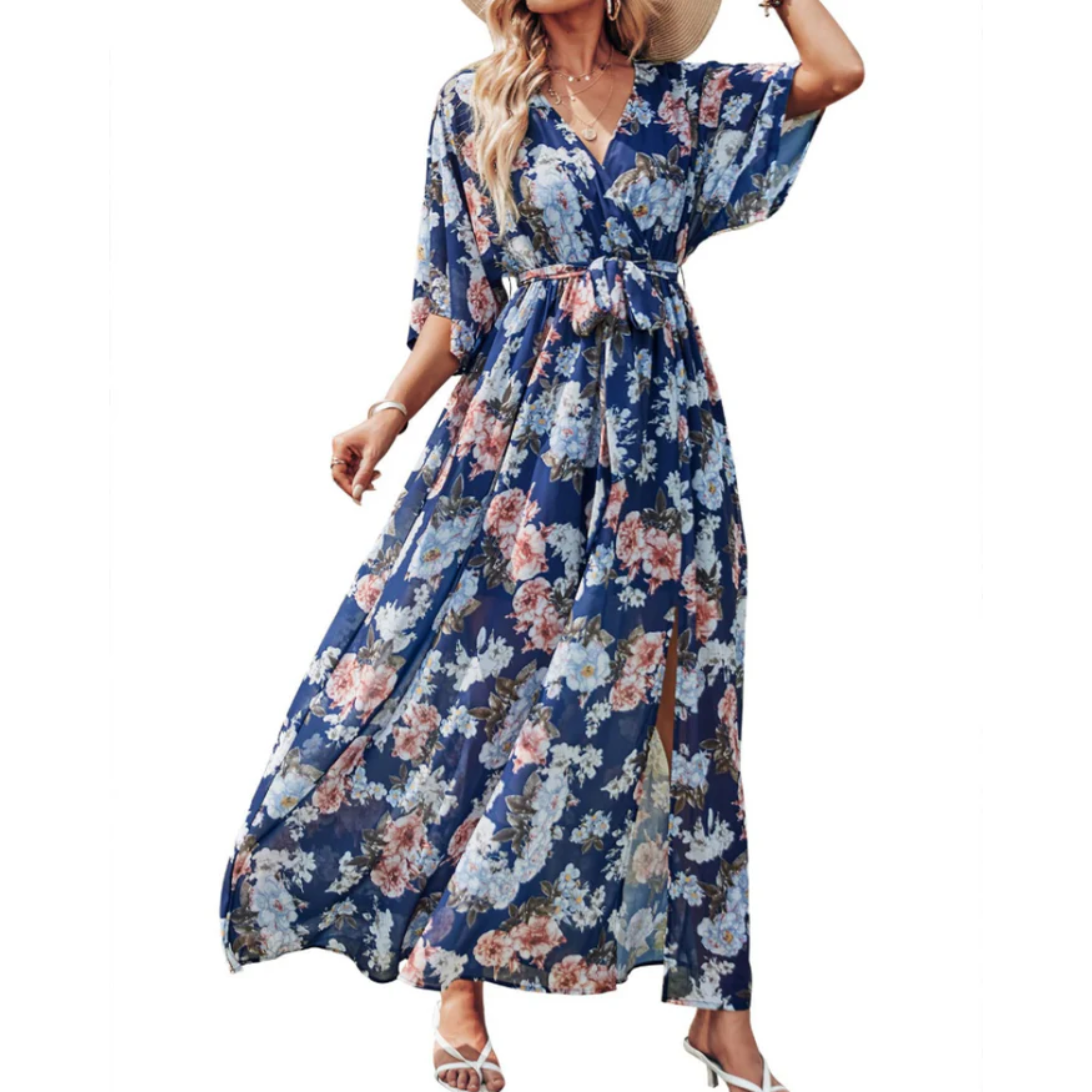 Robe maxi kimono à fleurs — style bohème — vacances d'été