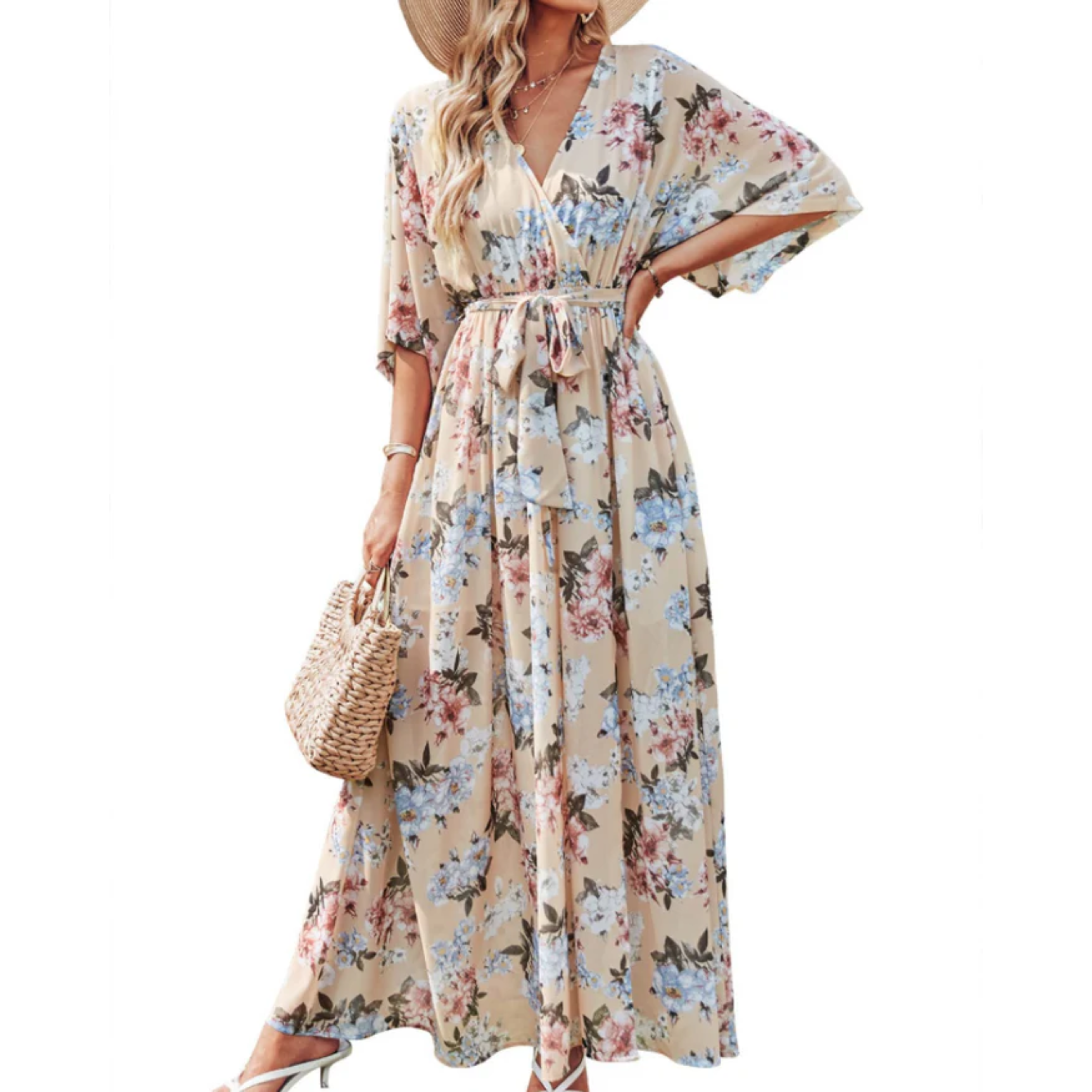 Robe maxi kimono à fleurs — style bohème — vacances d'été