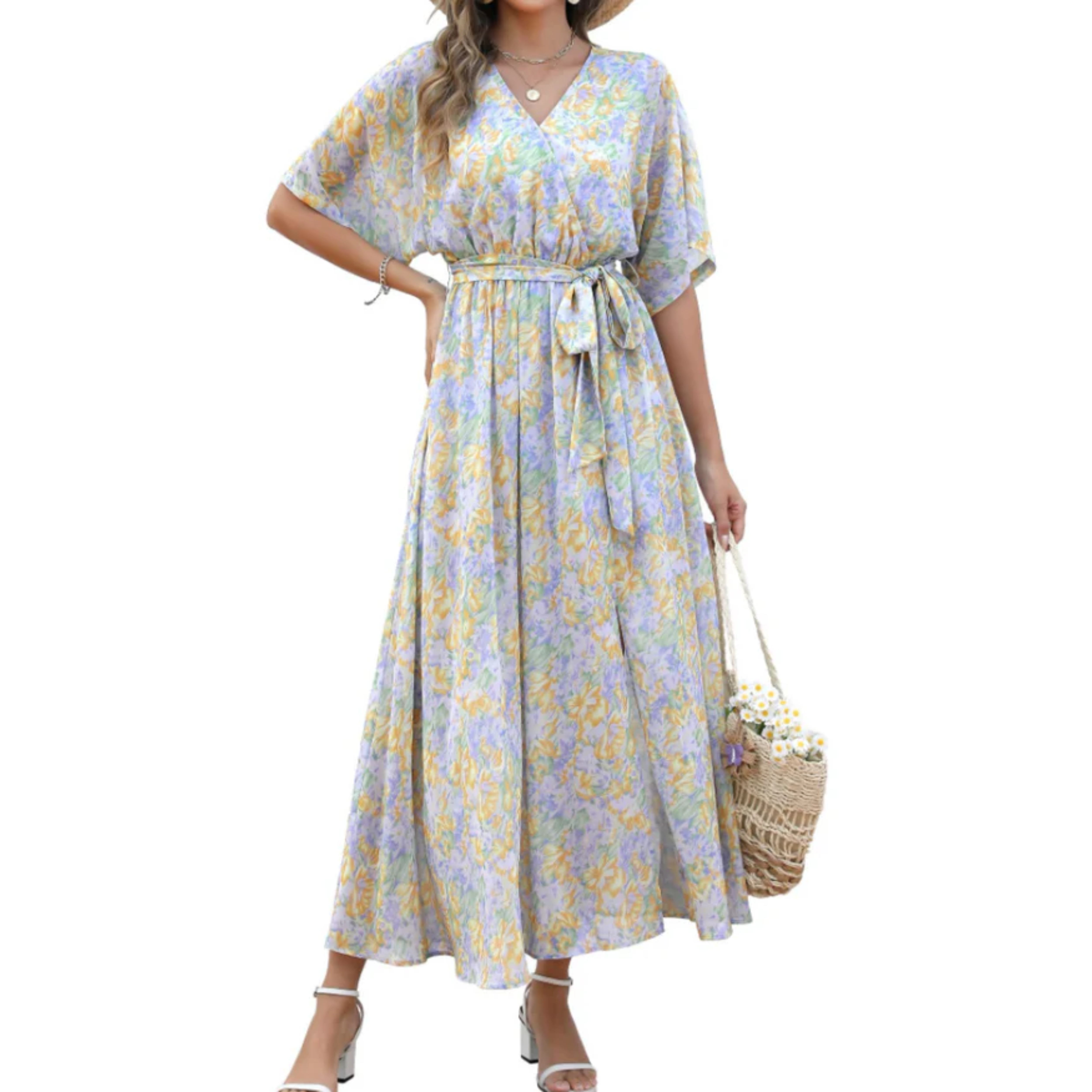 Robe maxi kimono à fleurs — style bohème — vacances d'été