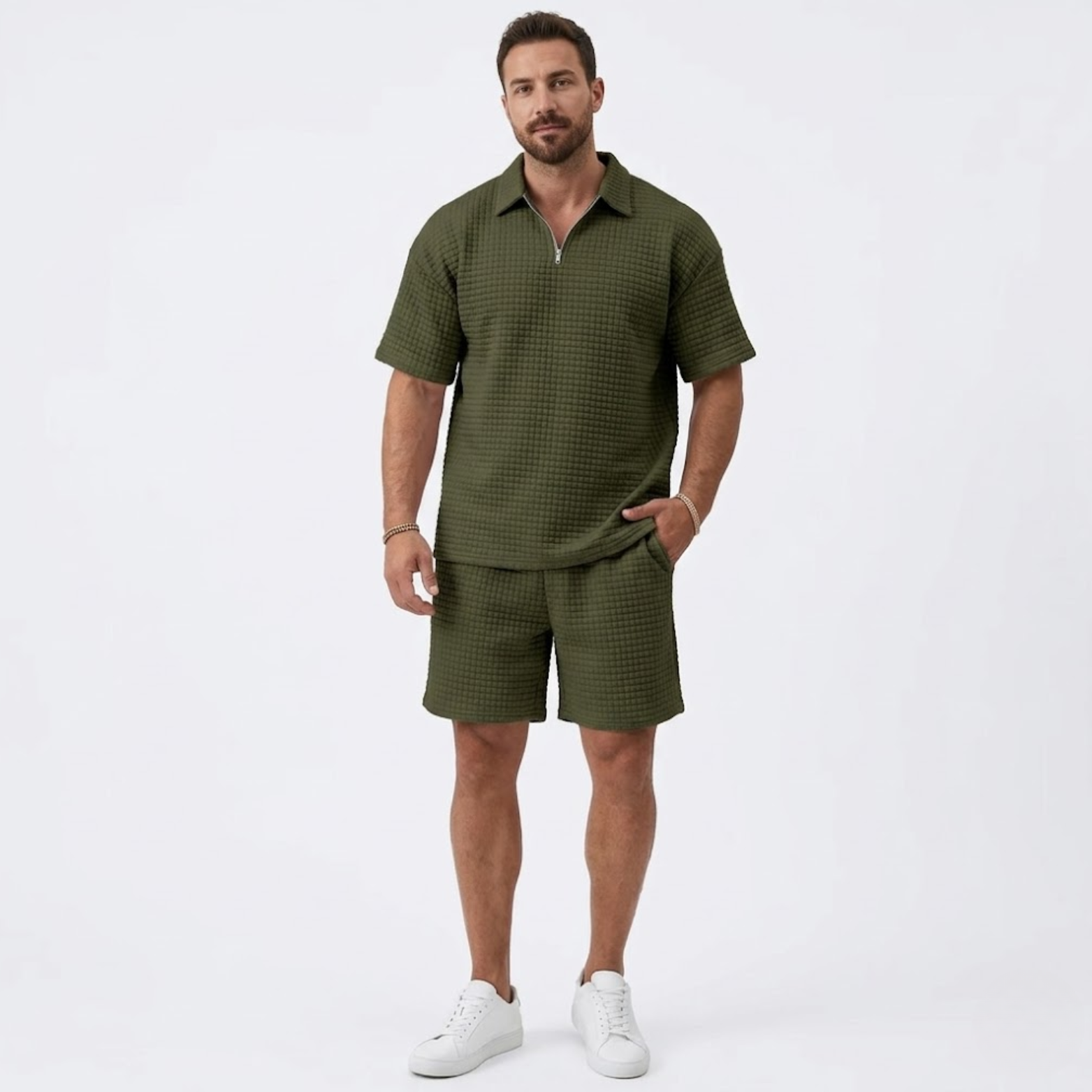 Ensemble Décontracté pour Homme avec Chemise à Revers et Short à Carreaux