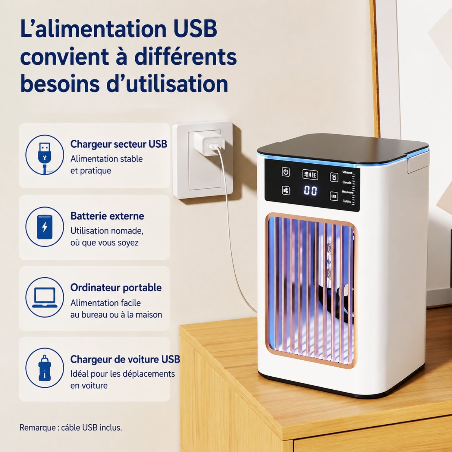 Rafraîchisseur d’Air USB Compact avec Brumisation et 3 Vitesses