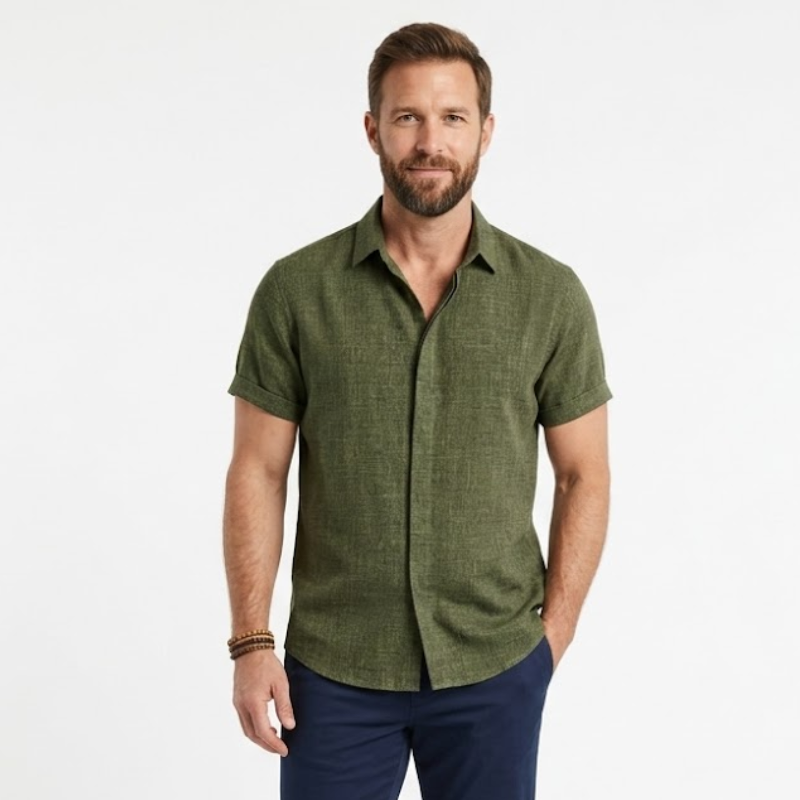 Chemise en Coton et Lin à Manches Courtes avec Col Rabattu pour Homme