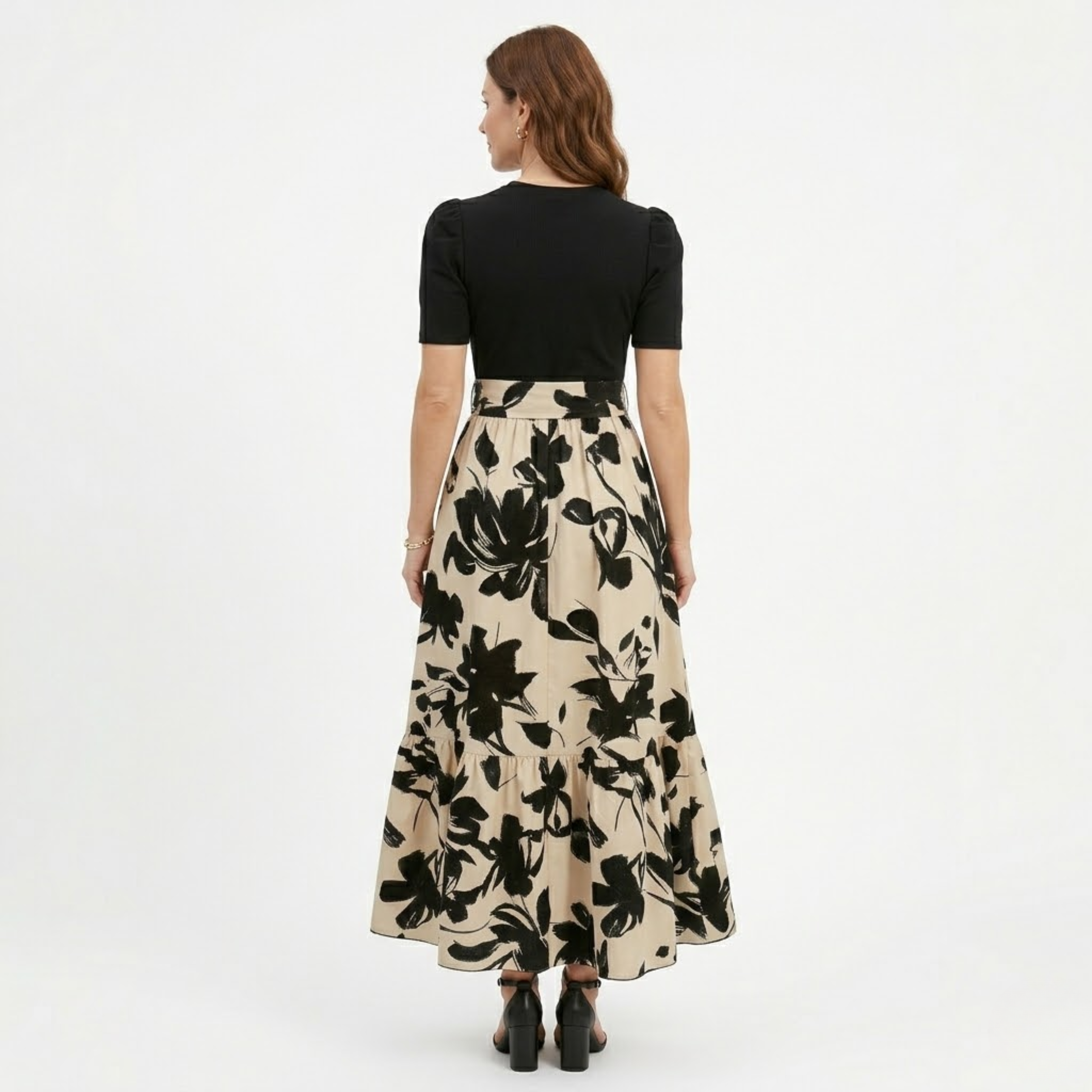 Robe Longue Trapèze à Imprimé Floral avec Ceinture et Manches Bouffantes