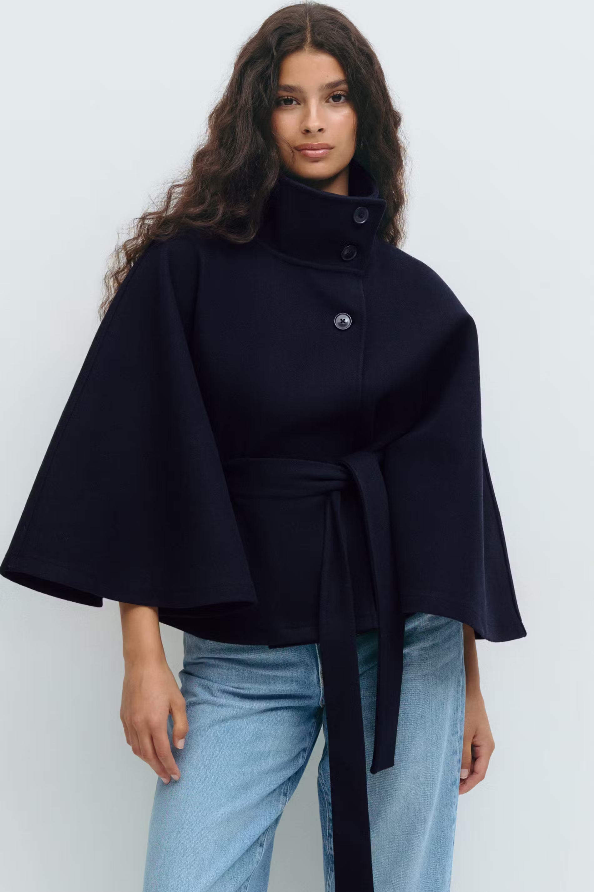 Cape Femme – High Neck Tie Waist Loose Silhouette
