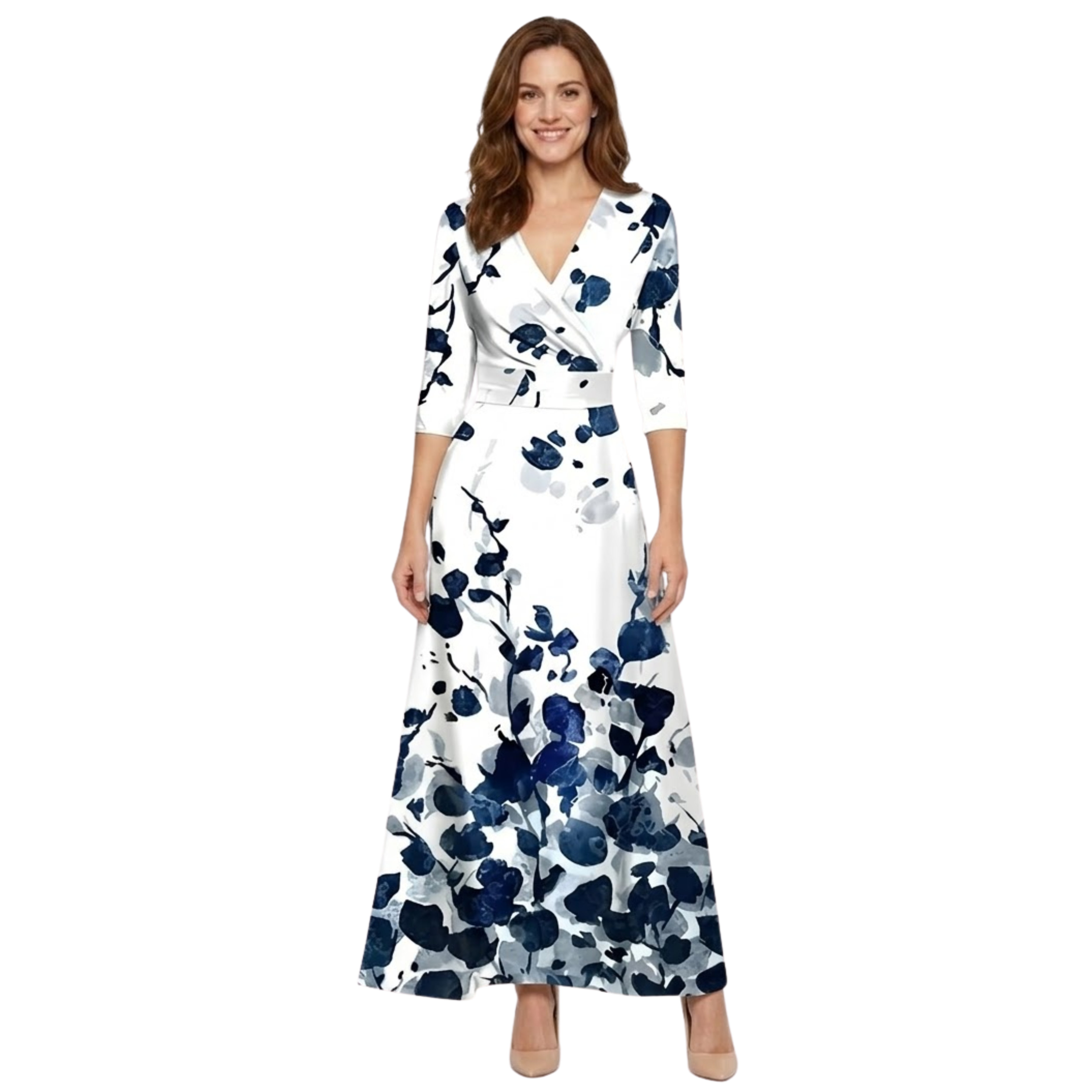 Robe Longue Fleurie à Col en V avec Manches Longues et Coupe Fluide