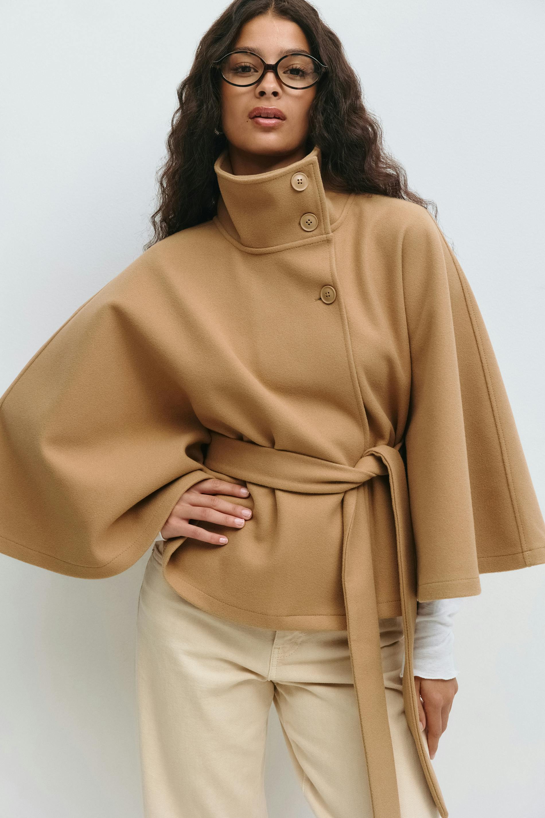 Cape Femme – High Neck Tie Waist Loose Silhouette