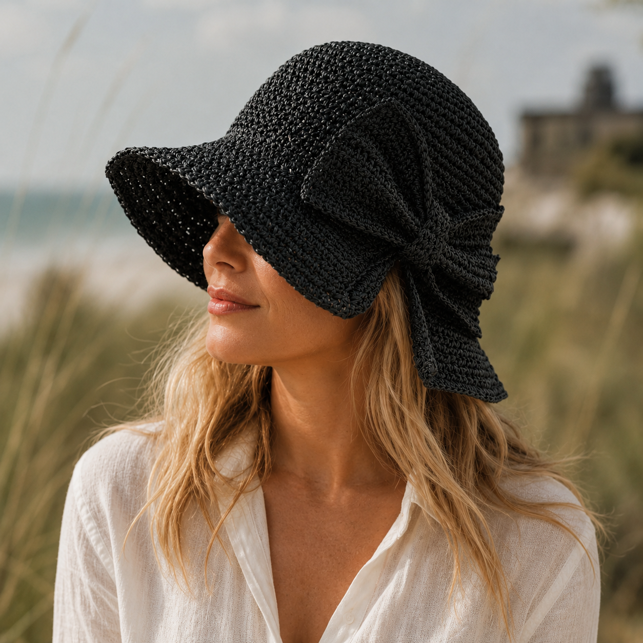 Dámský klobouk bucket hat na slunce - velká měkká mašle - módní na cestování