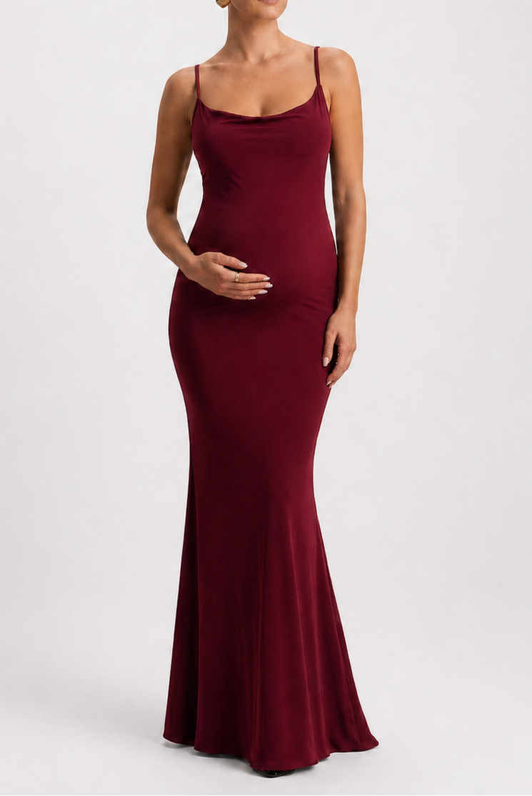 Robe longue maternité dos nu col bénitier chic