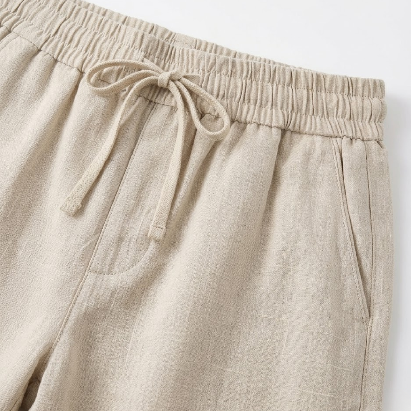 Pantalon Homme en Coton et Lin à Jambe Droite avec Taille Élastique et Cordon