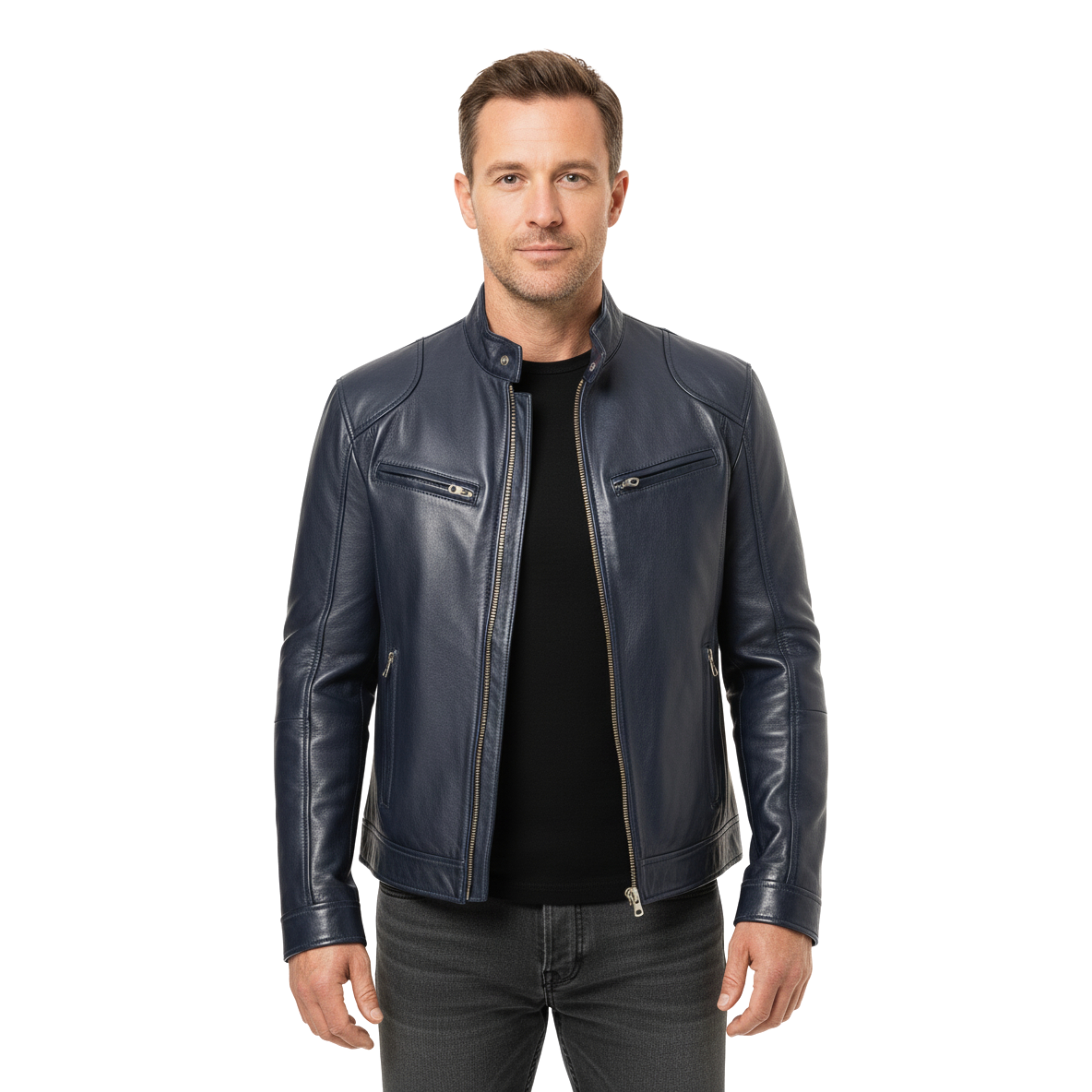 Veste en Cuir pour Homme avec Col Officier et Poches Zippées Coupe Ajustée
