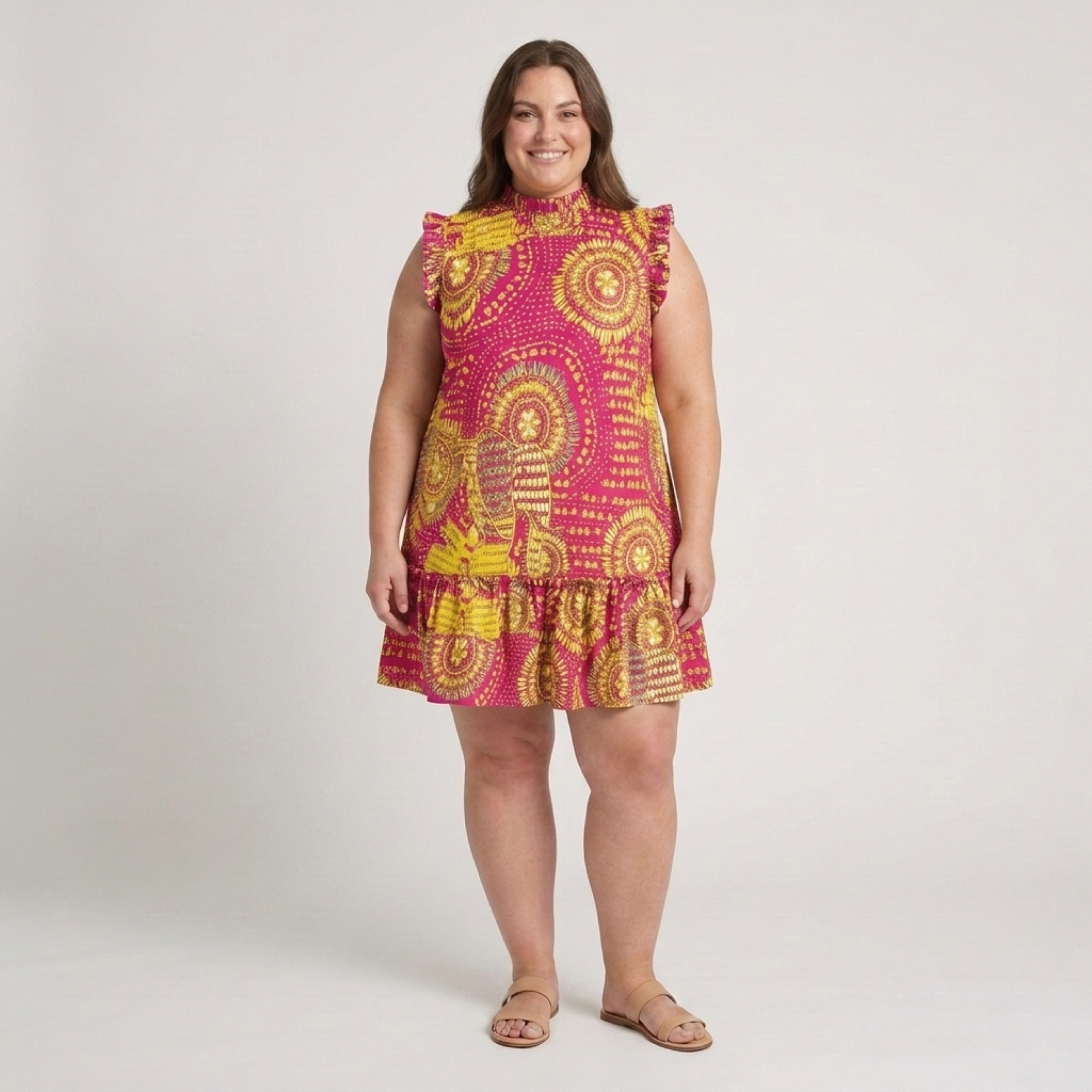 Robe mi-longue grande taille pour femme à col rond et ourlet froncé