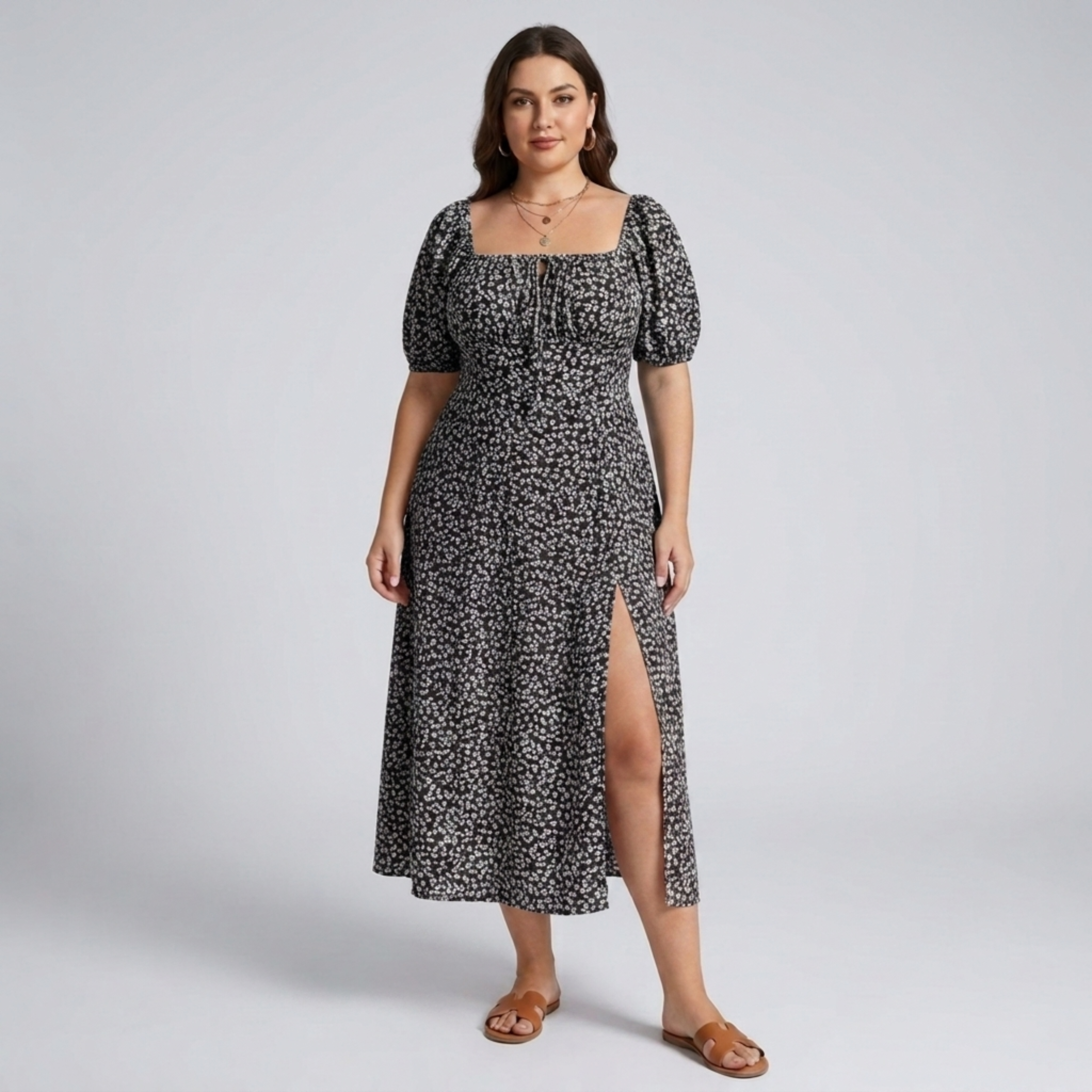 Robe longue grande taille à manches bouffantes imprimée