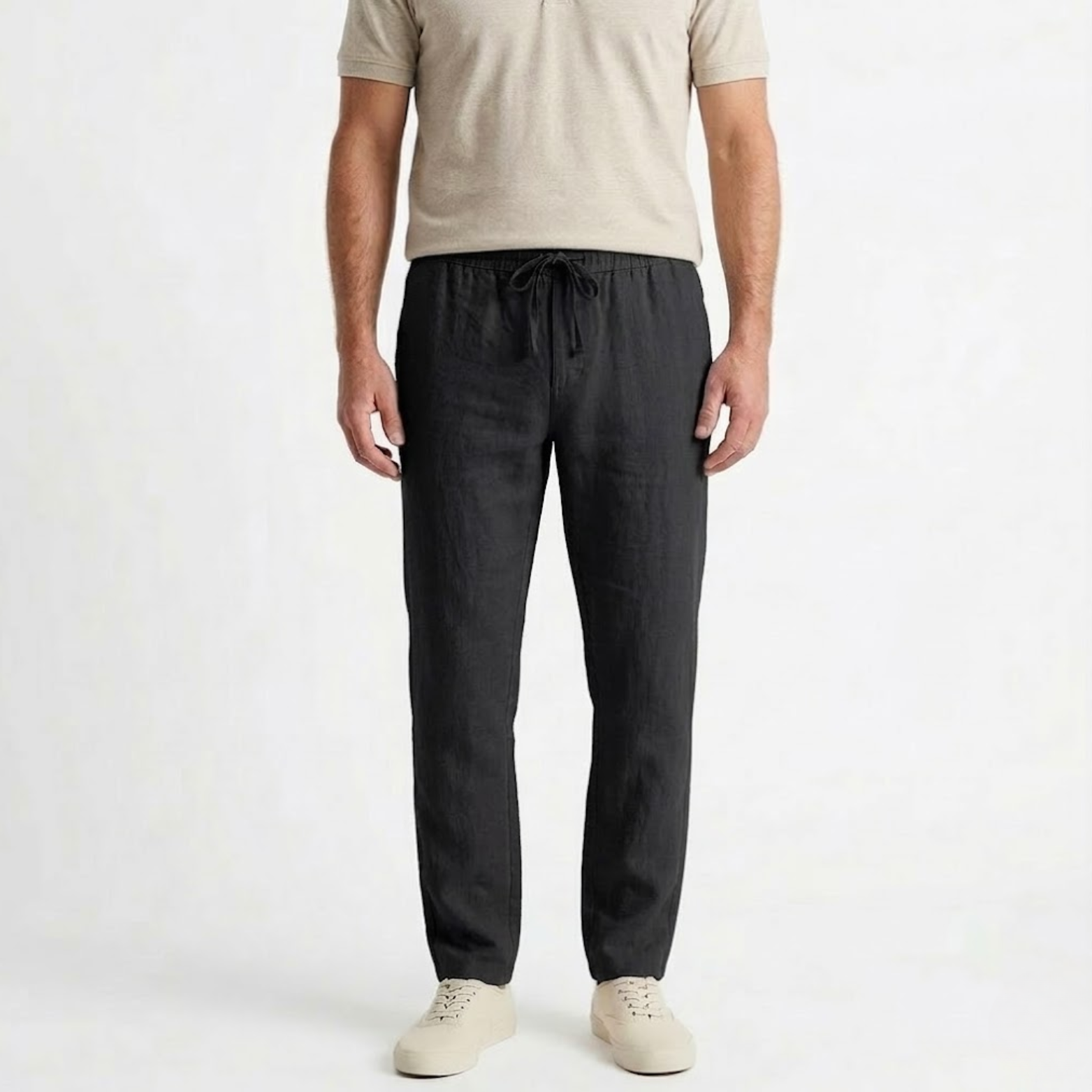 Pantalon Homme en Coton et Lin avec Taille Élastique et Cordon de Serrage