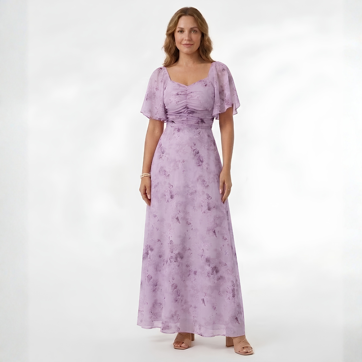 Robe Invitée de Mariage Maxi Florale à Manches Volantées et Col Cœur