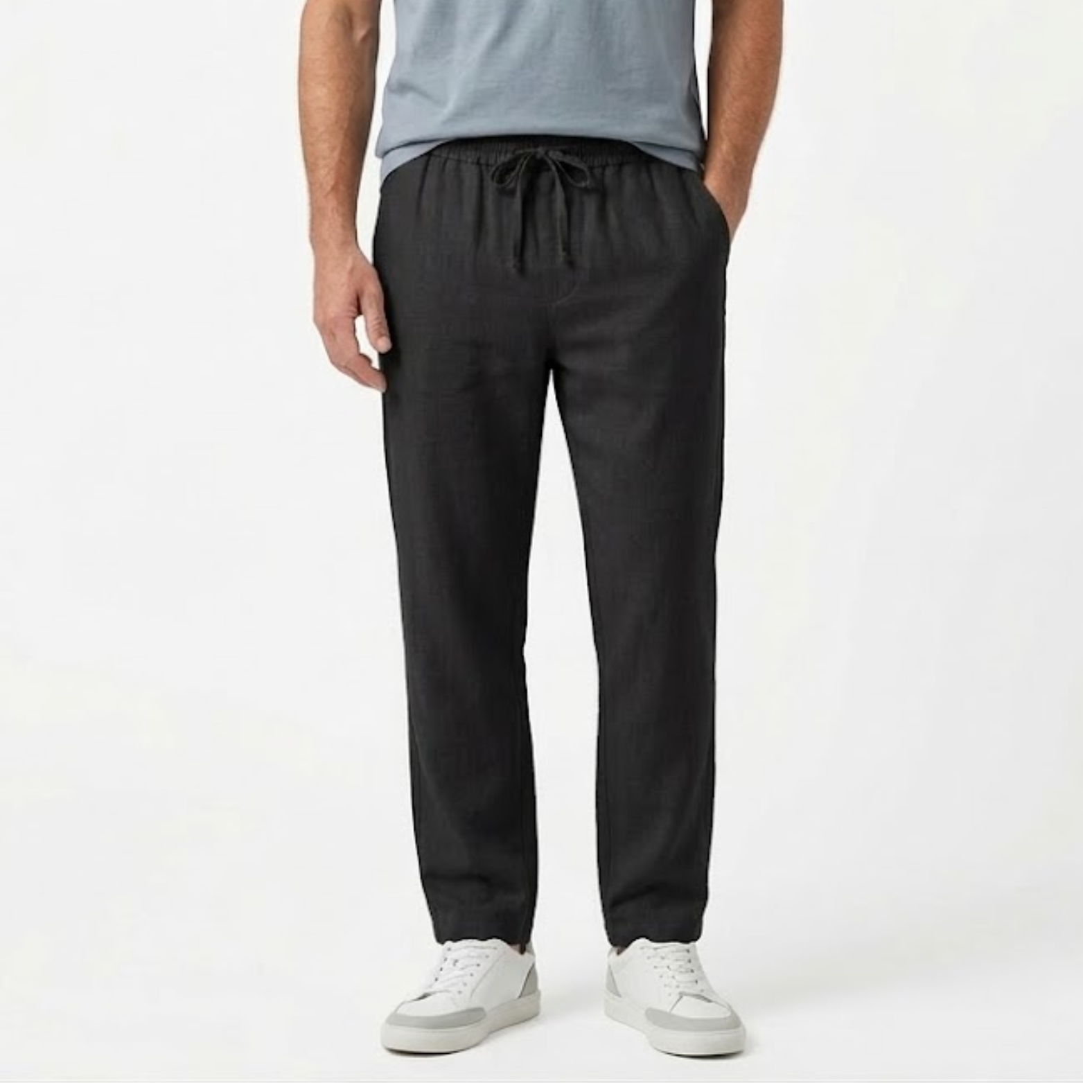 Pantalon Homme en Coton et Lin à Jambe Droite avec Taille Élastique et Cordon