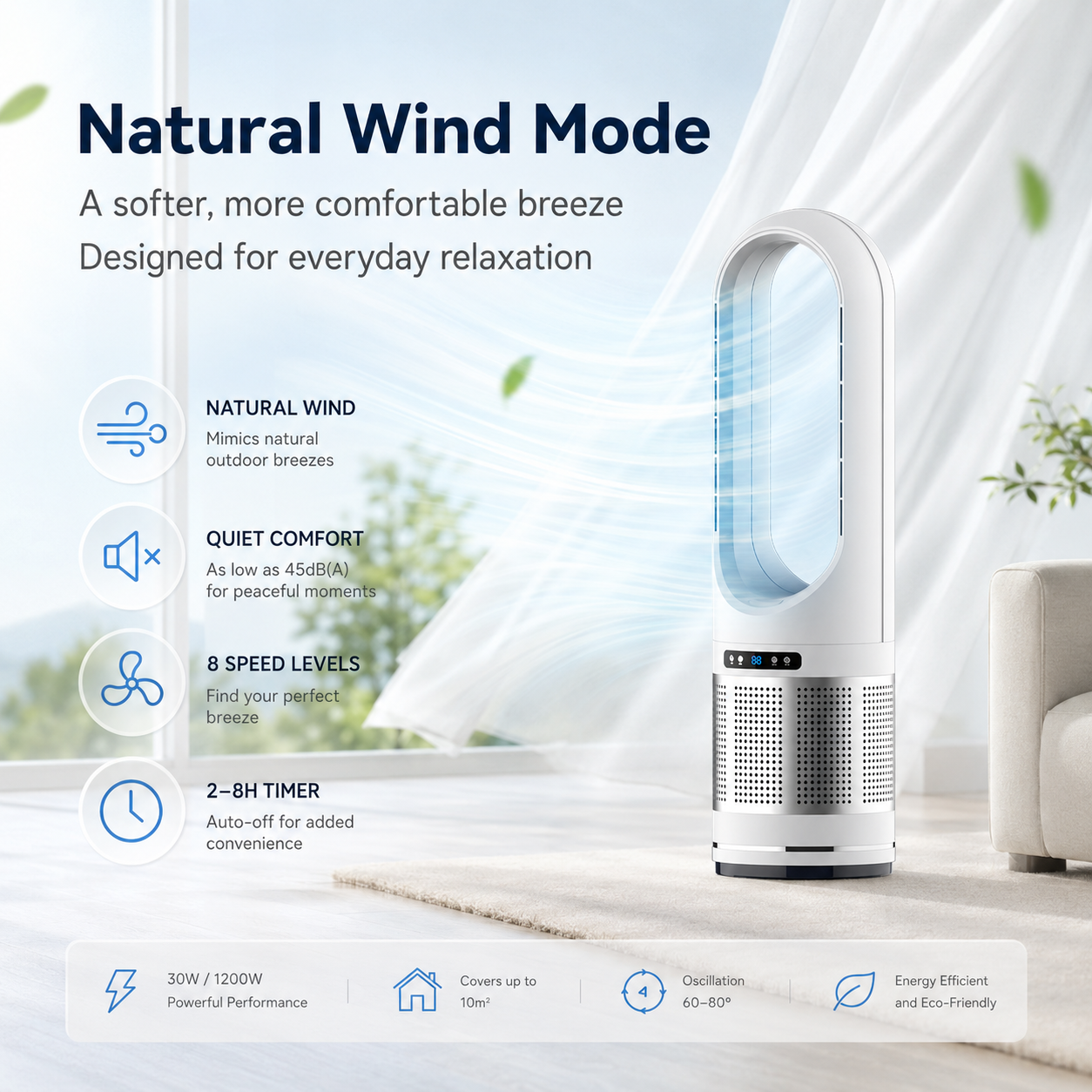 Vertical Bladeless Fan with Remote Control, Oscillation, and Timer